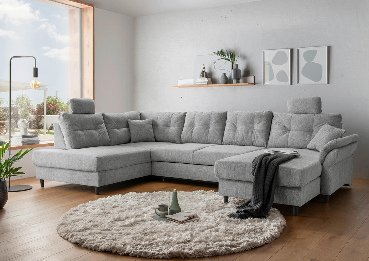 WOHNLANDSCHAFT in Chenille Silberfarben  - Silberfarben/Schwarz, Modern, Holz/Textil (206/338/176cm) - Livetastic