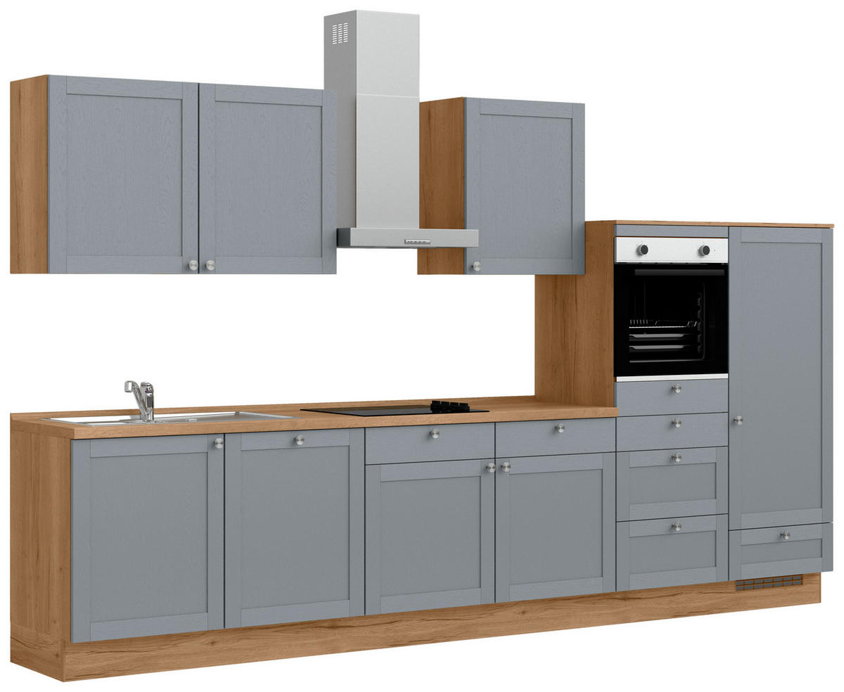 KÜCHENLEERBLOCK Frame 360 cm  in Eichefarben, Blaugrau  - Edelstahlfarben/Eichefarben, MODERN, Holzwerkstoff/Metall (360cm) - Nobilia