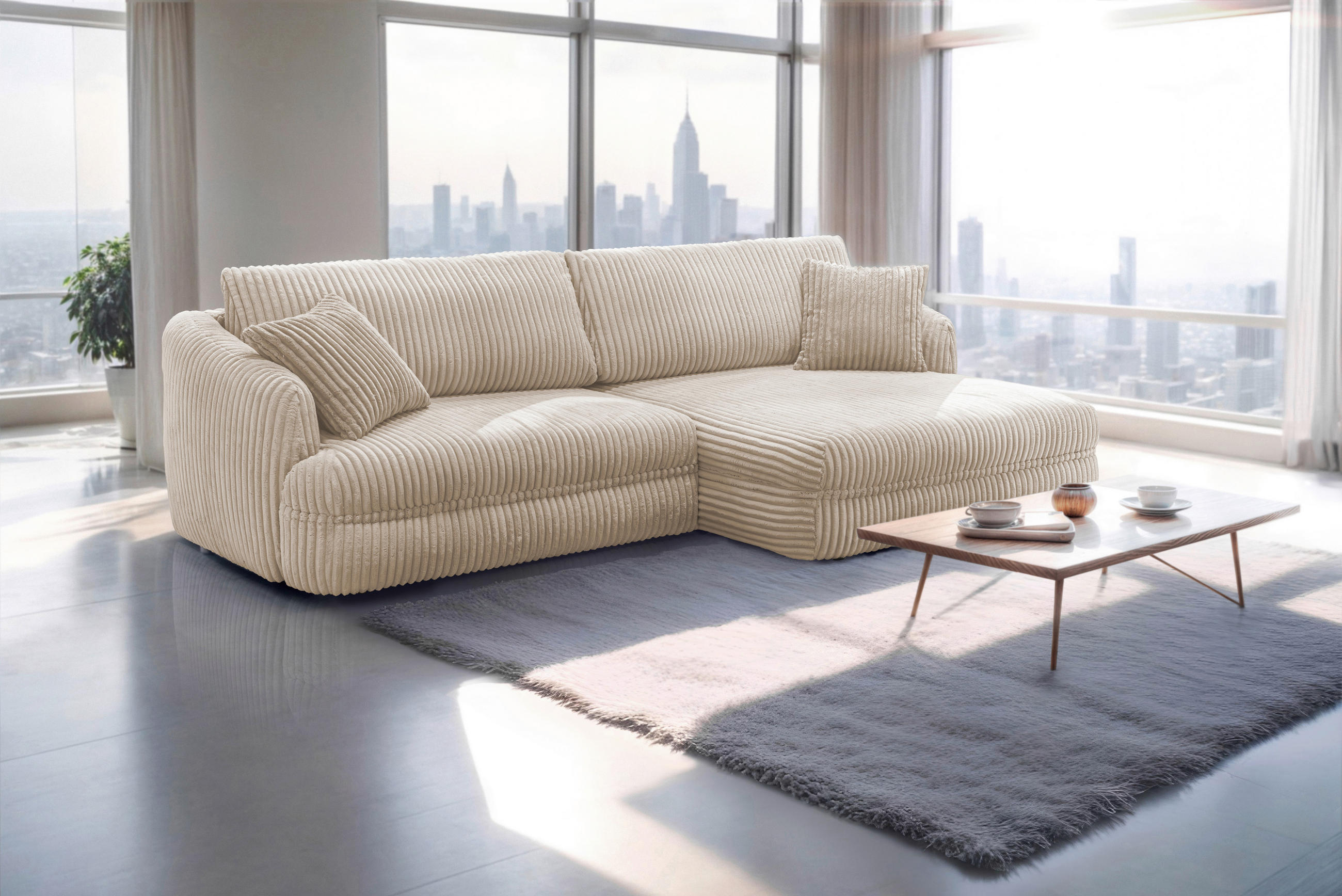 ECKSOFA LUSH Sandfarben Cord  - Sandfarben/Schwarz, Design, Kunststoff/Textil (284/161cm) - Livetastic