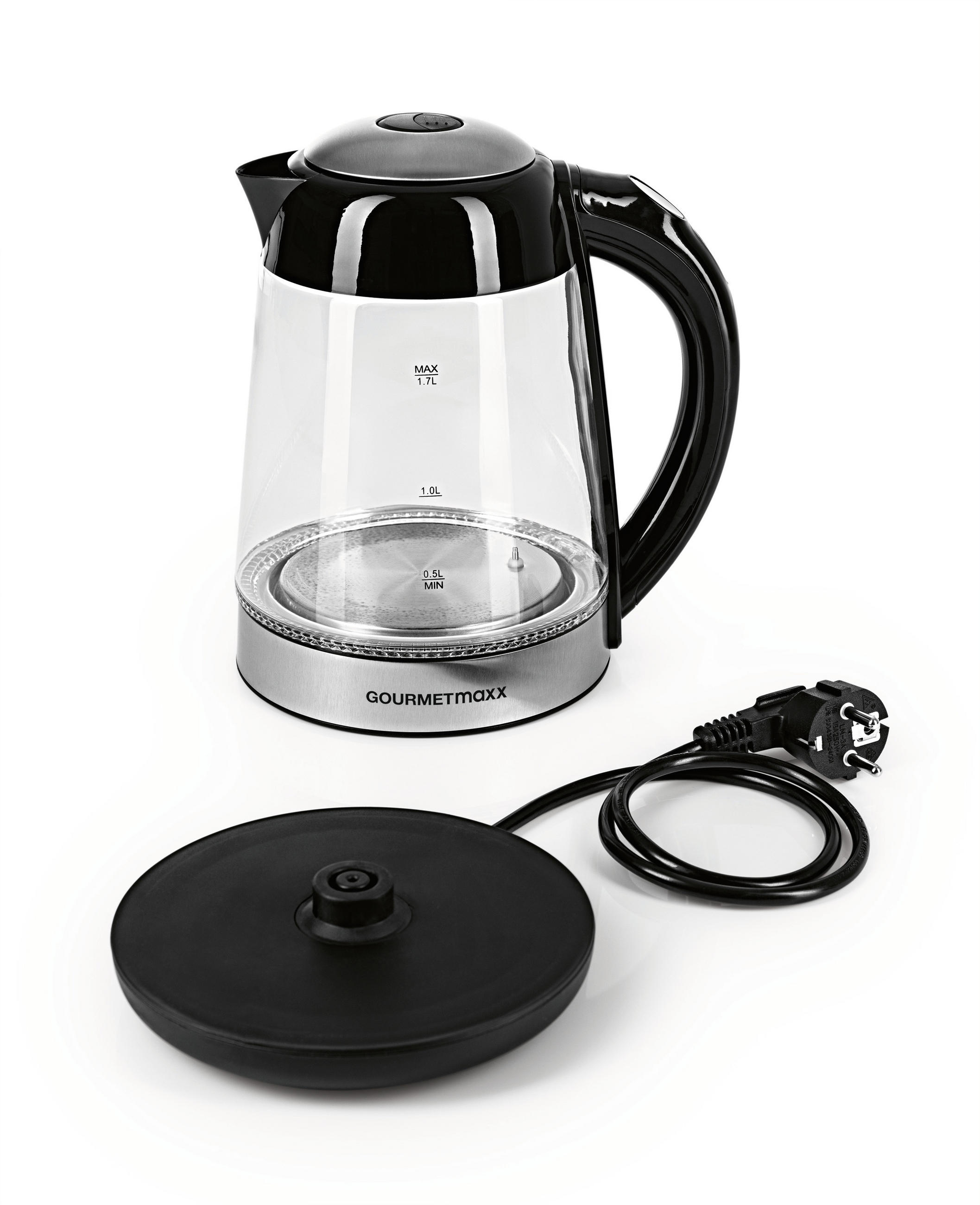 WASSERKOCHER GOURMETmaxx 1,7 L  - Edelstahlfarben/Schwarz, Basics, Glas/Kunststoff (21/16/25cm)