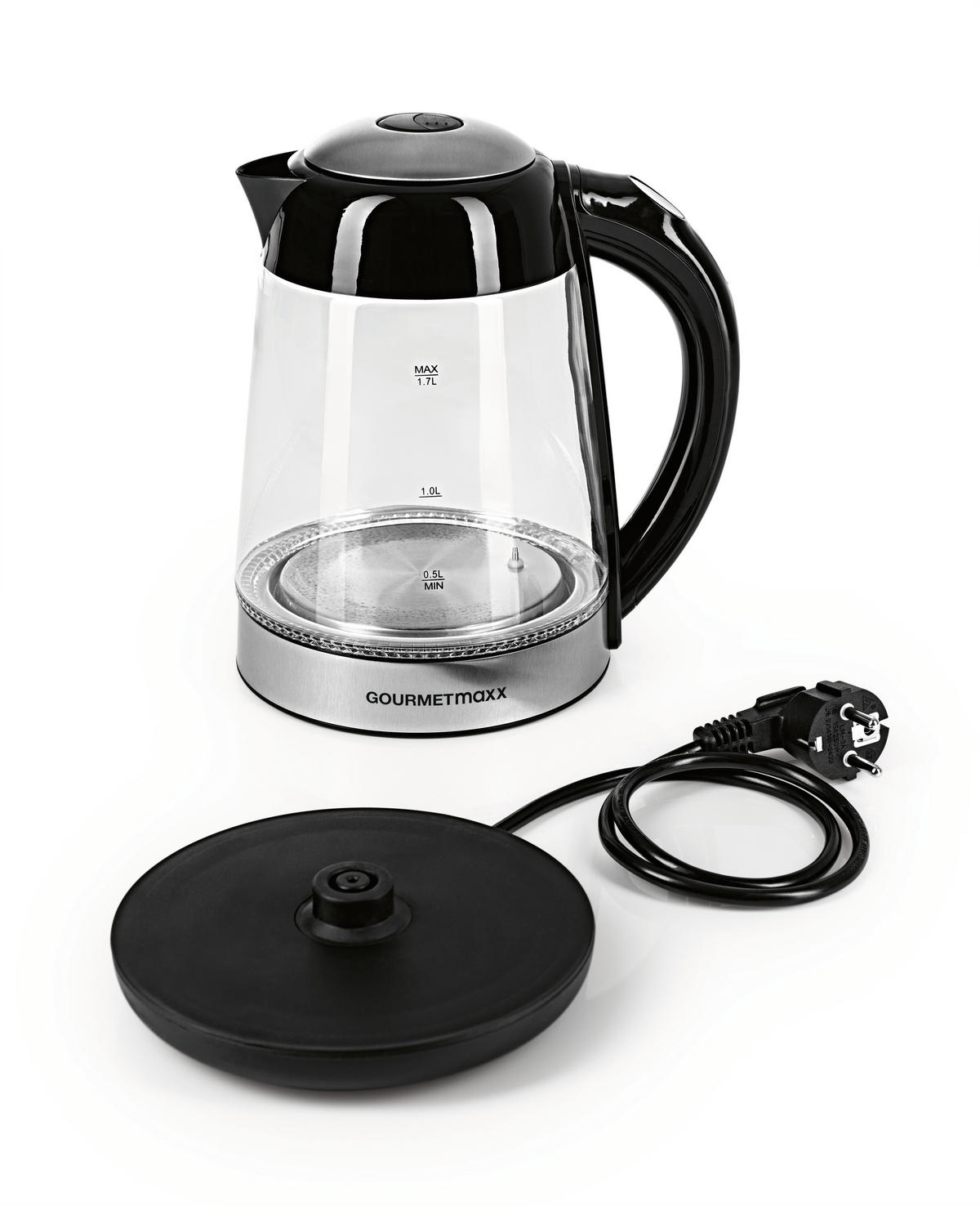 WASSERKOCHER GOURMETmaxx 1,7 L  - Edelstahlfarben/Schwarz, Basics, Glas/Kunststoff (21/16/25cm)