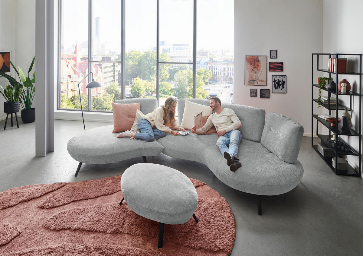 BIGSOFA Flachgewebe Hellgrau  - Hellgrau/Schwarz, Design, Textil/Metall (456/93/138cm) - Moderano