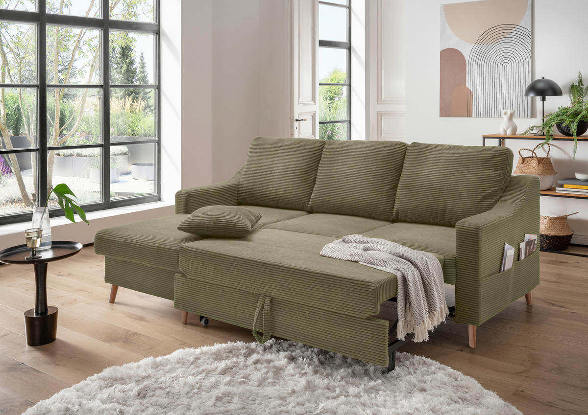 Ecksofa "VALENTINA" in Cord Olivgrün  - Naturfarben/Olivgrün, Design, Holz/Textil (150/228cm) - P & B