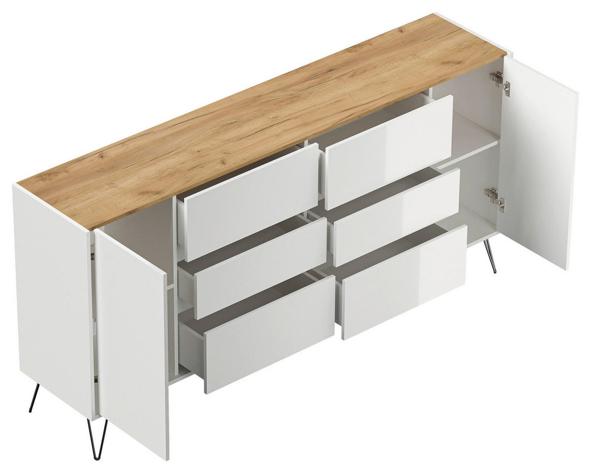SIDEBOARD Posseik Industrial 199/93,6/42 cm 6 Schublade(n)  - Weiß Hochglanz/Eichefarben, Design, Holzwerkstoff/Metall (199/93,6/42cm) - P & B
