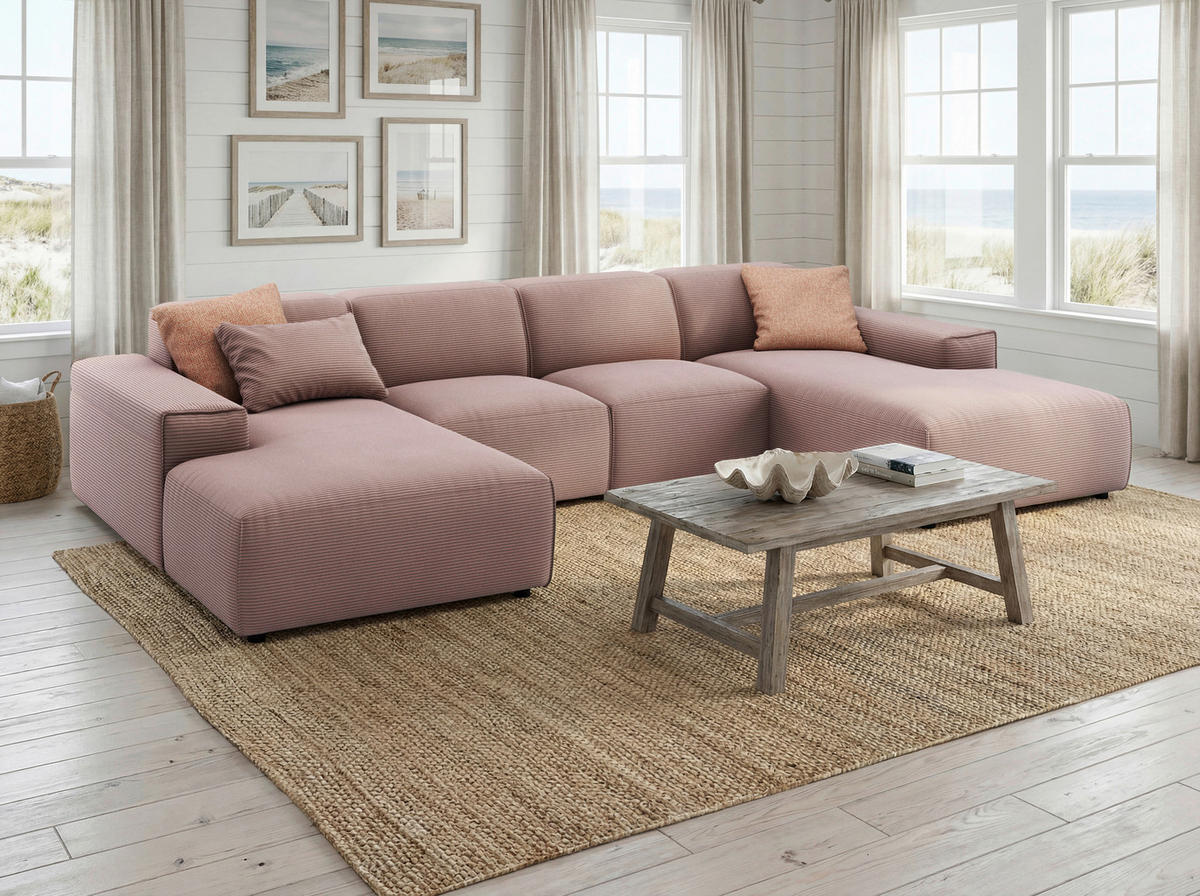 WOHNLANDSCHAFT Rosa Cord  - Schwarz/Rosa, MODERN, Kunststoff/Textil (189/340/189cm) - Pure Home Lifestyle