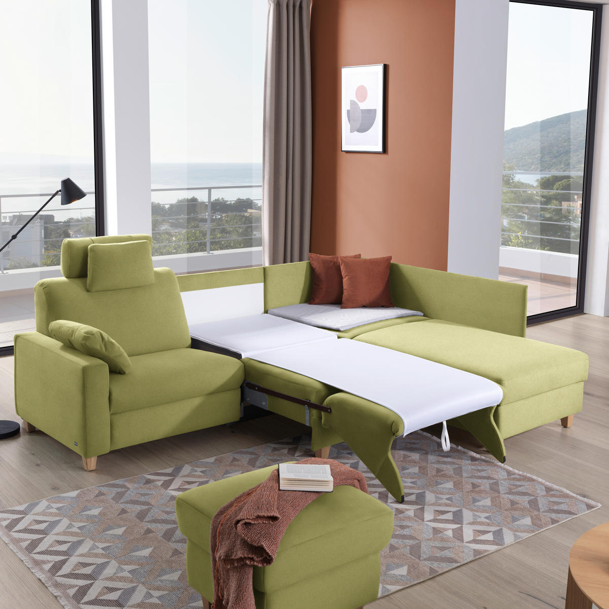 ECKSOFA in Flachgewebe Hellgrün  261/203 cm  - Eichefarben/Hellgrün, KONVENTIONELL, Holz/Textil (261/203cm) - Sedda