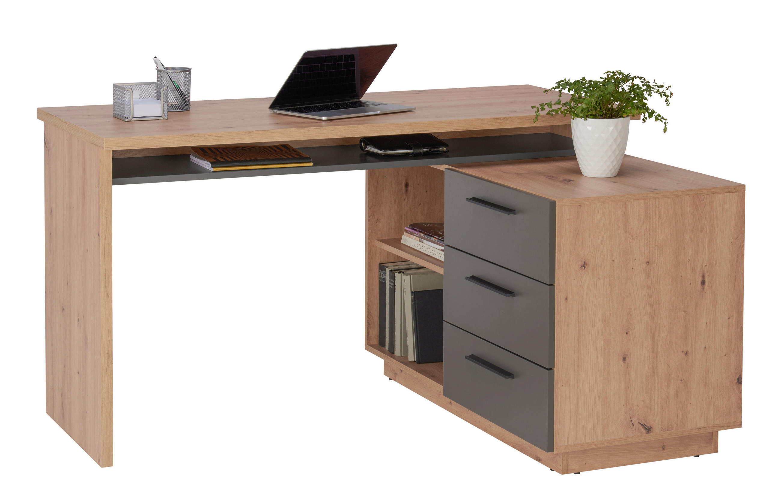 E-shop Xora PÍSACÍ STÔL S ÚLOŽ.PRIESTOROM, antracitová, dub artisan, 138/105/75 cm