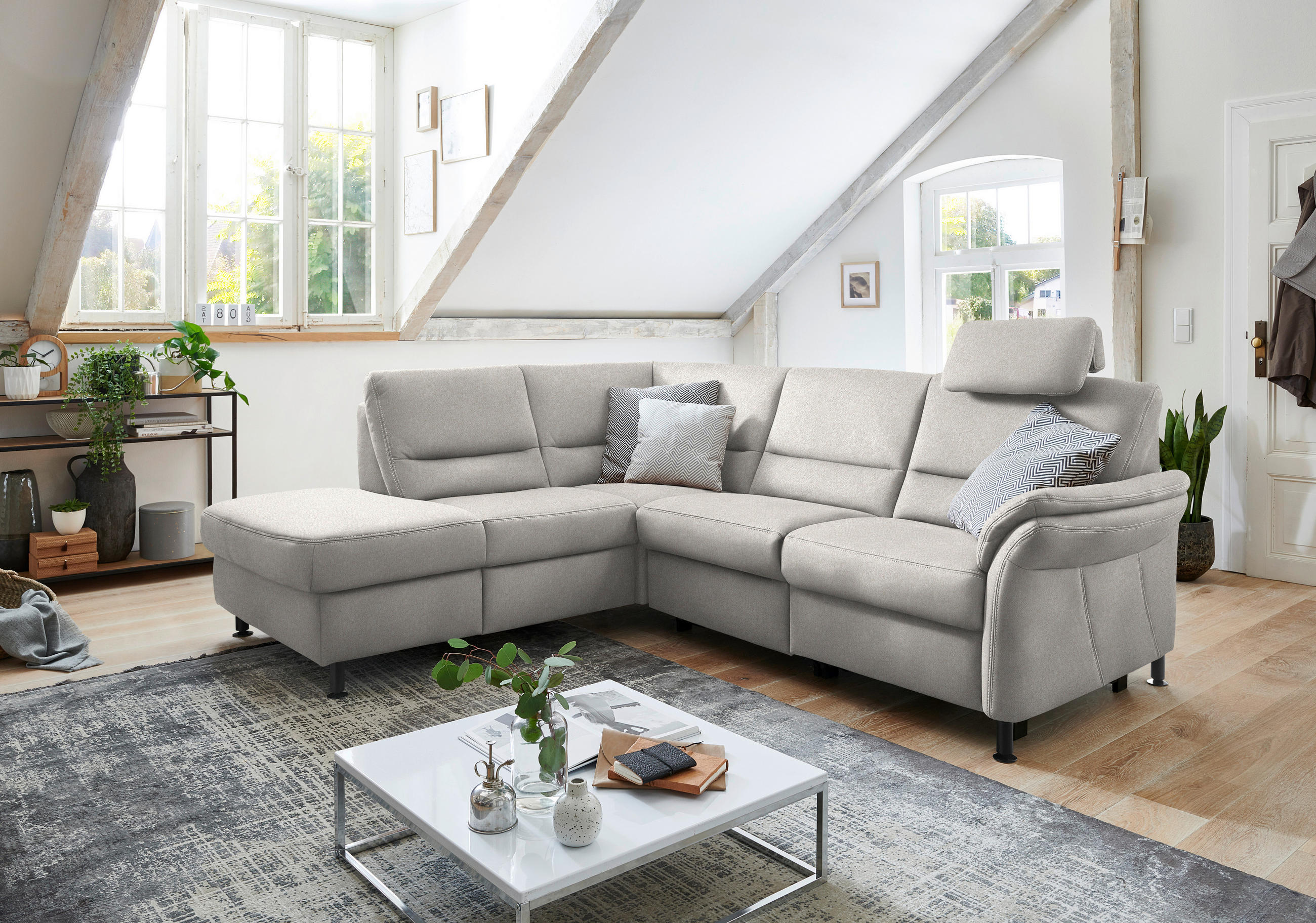 ECKSOFA in Flachgewebe Hellgrau  - Hellgrau/Schwarz, Modern, Textil/Metall (203/227cm) - Beldomo System