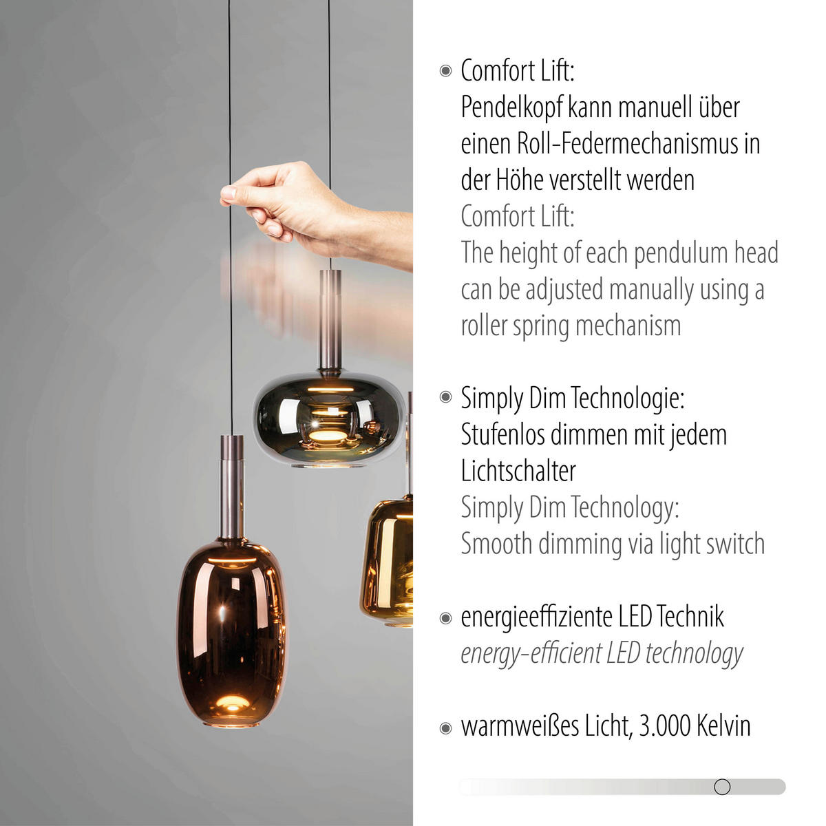 LED-HÄNGELEUCHTE 90/42/200 cm   - Hellbraun, Basics, Glas/Metall (90/42/200cm) - Paul Neuhaus