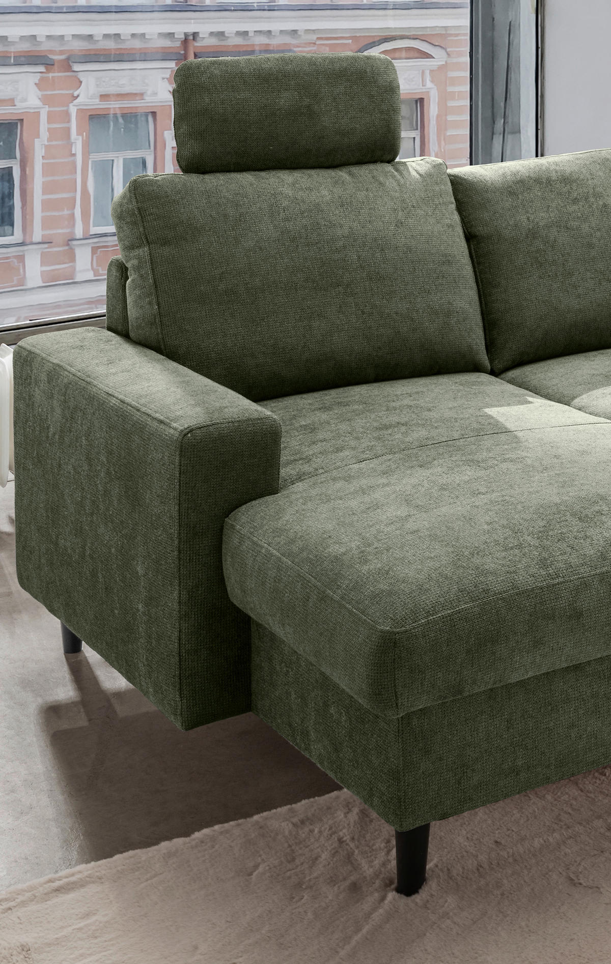 WOHNLANDSCHAFT in Chenille Dunkelgrün  - Dunkelgrün/Schwarz, Modern, Holz/Textil (153/305/200cm) - Livetastic