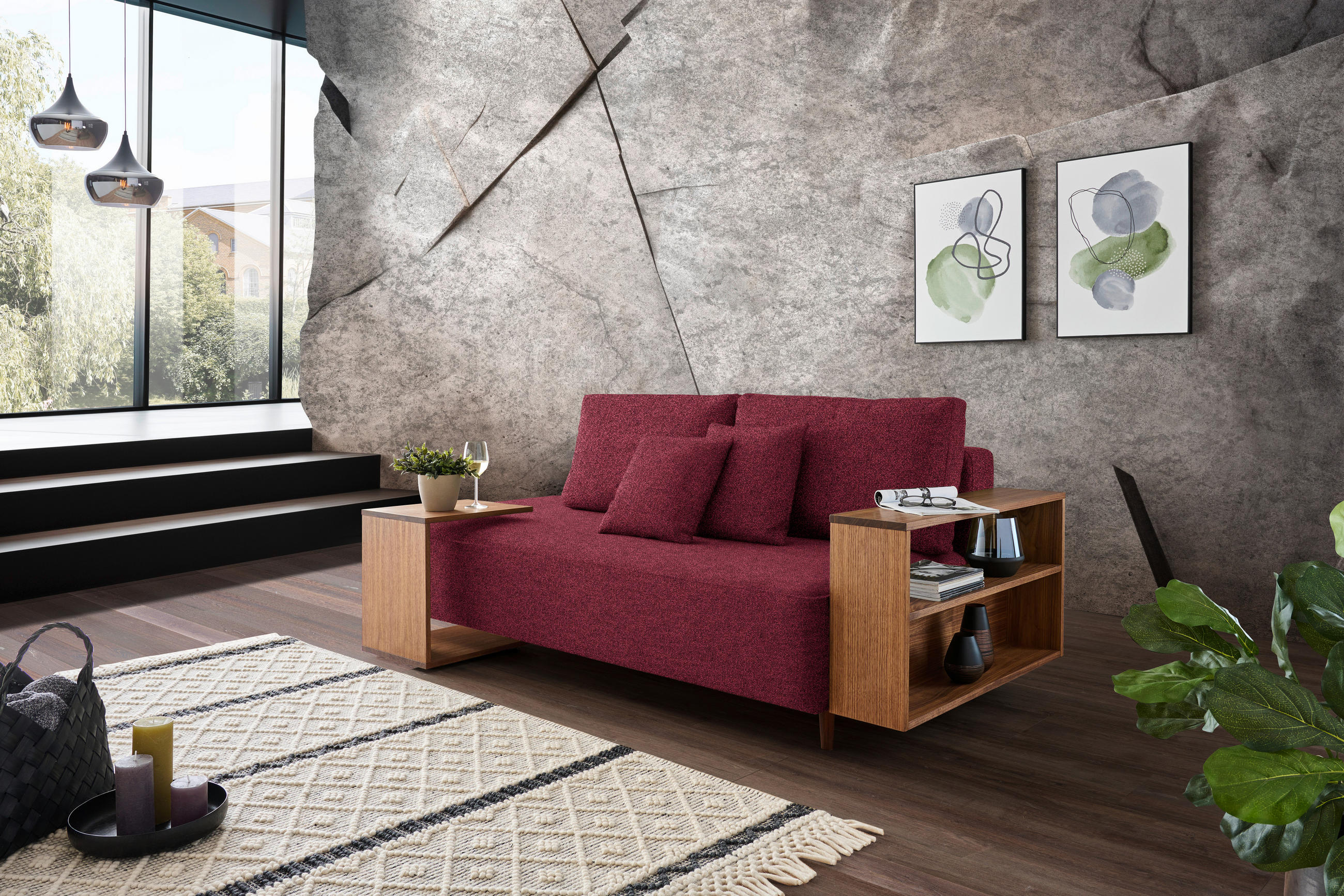 SCHLAFSOFA in Textil Rot  - Rot/Nussbaumfarben, Natur, Holz/Textil (228/90/100cm) - Joka