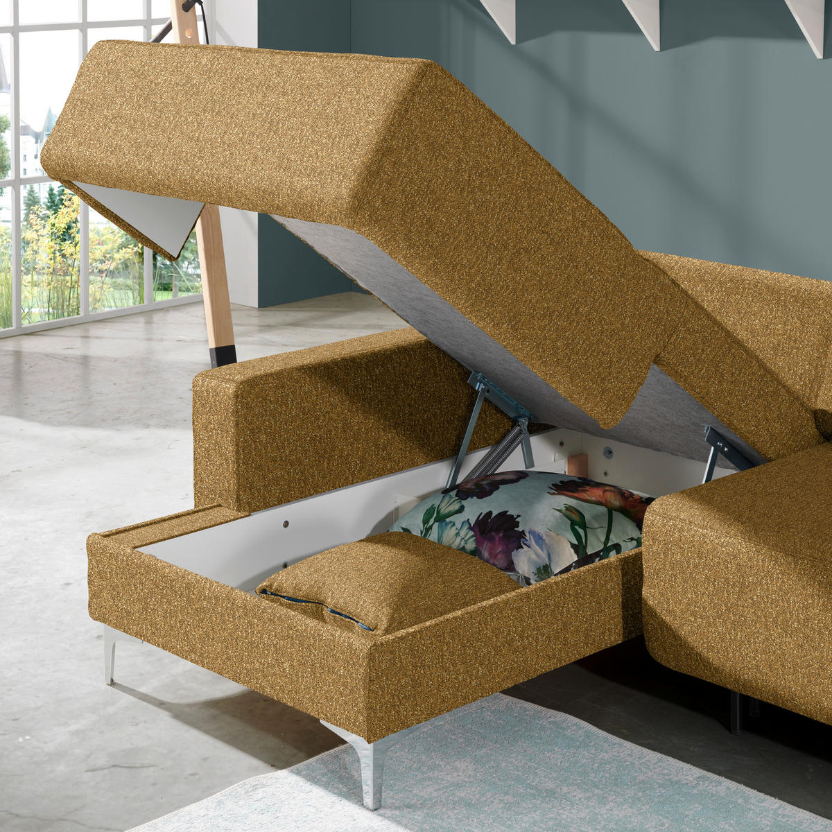 ECKSOFA  in Mikrovelours Senfgelb  160/248 cm  - Senfgelb/Alufarben, Design, Textil/Metall (160/248cm) - Sedda