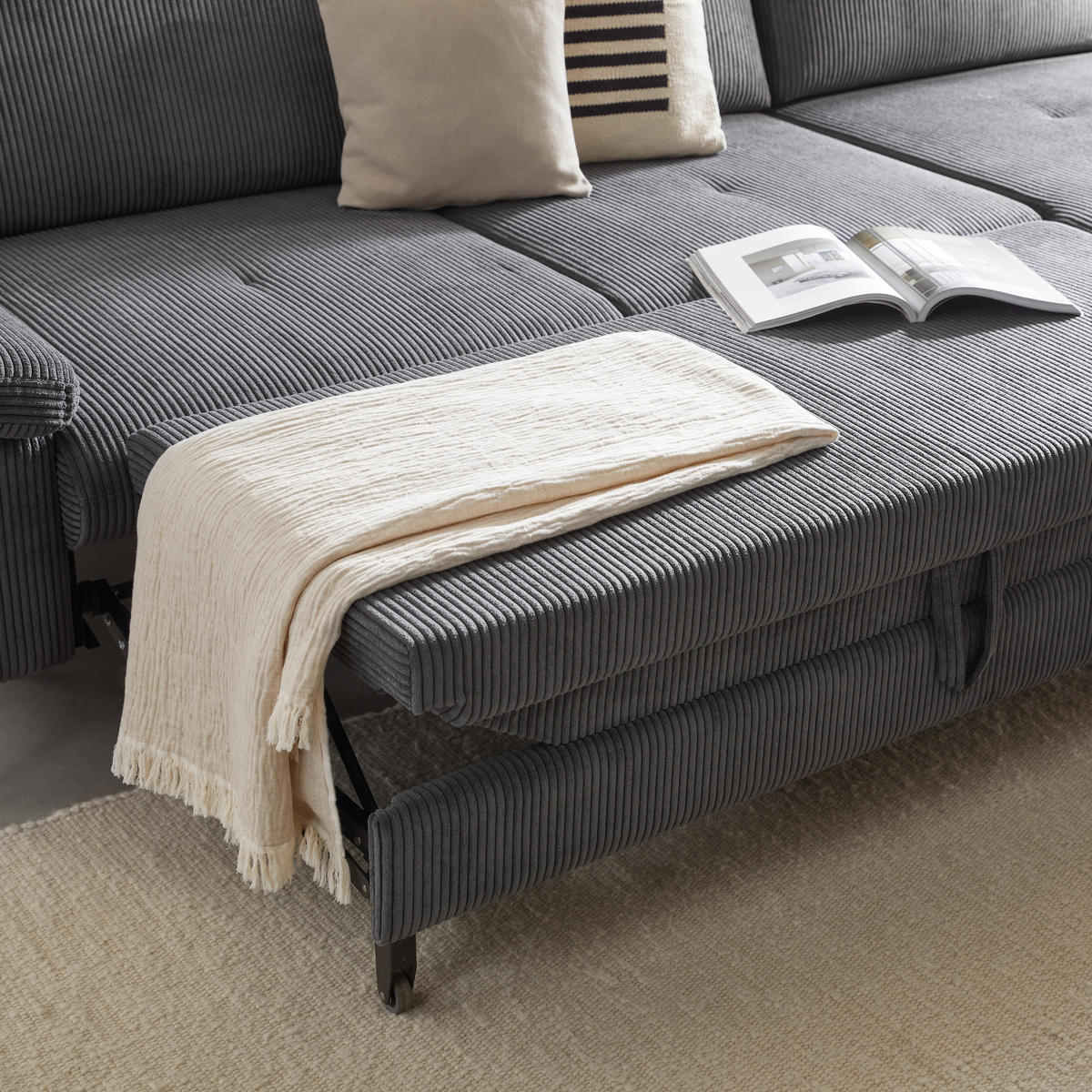 ECKSOFA in Velours, Cord Graphitfarben  - Schwarz/Graphitfarben, MODERN, Textil/Metall (180/302cm) - Venda