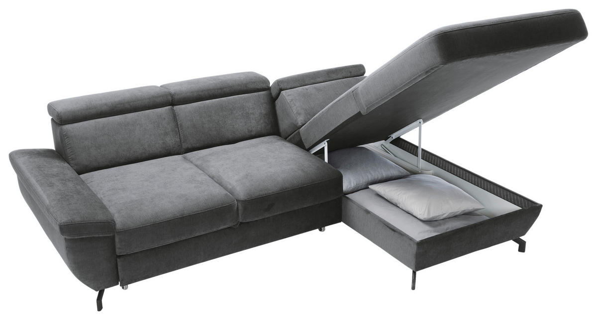 ECKSOFA RIMA Anthrazit Velours  - Anthrazit/Silberfarben, MODERN, Textil/Metall (262/182cm) - Trendmanufaktur