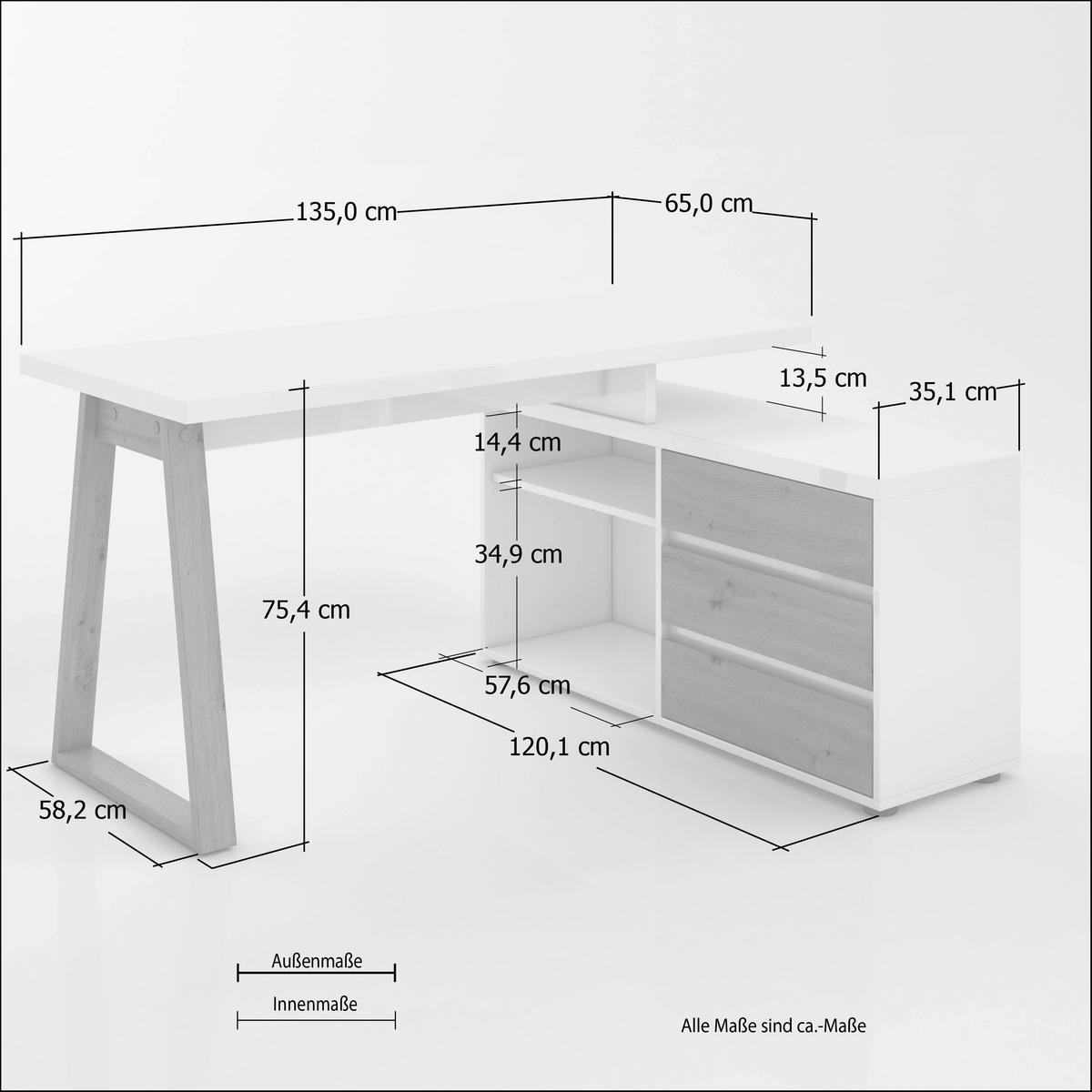 ECKSCHREIBTISCH 135/120/75 cm  in Weiß, Eiche Artisan  - Weiß/Eiche Artisan, MODERN, Holzwerkstoff (135/120/75cm) - Stylife