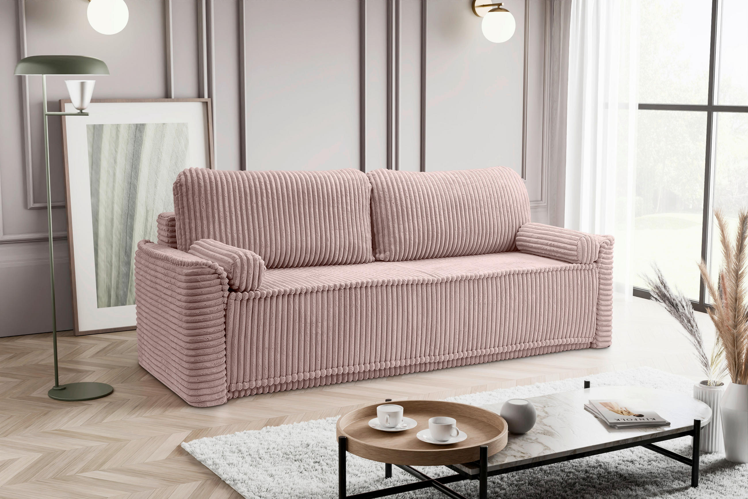 SCHLAFSOFA GRUBS  mit Cord Rosa  - Schwarz/Rosa, Basics, Kunststoff/Textil (225/96/93cm) - MID.YOU