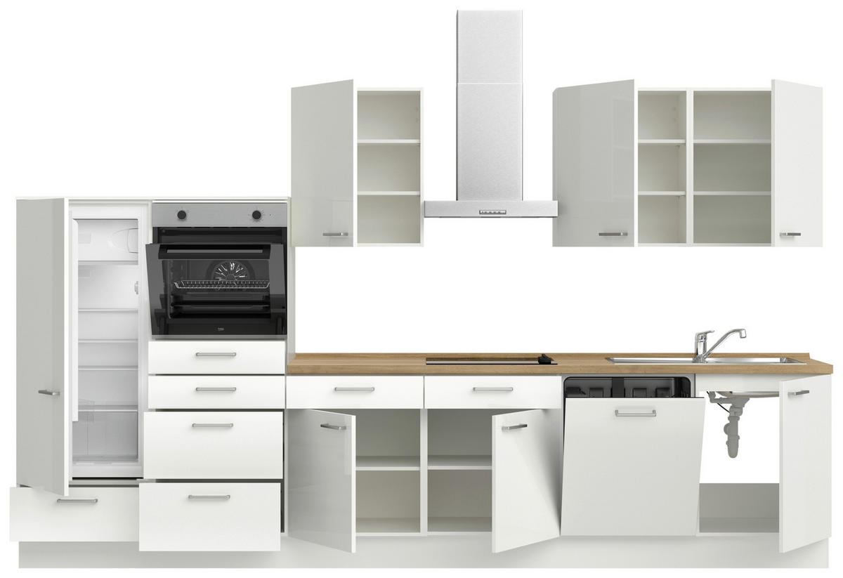 KÜCHENLEERBLOCK 360 cm   in Eichefarben, Weiß Hochglanz  - Edelstahlfarben/Eichefarben, MODERN, Holzwerkstoff/Metall (360cm) - Nobilia