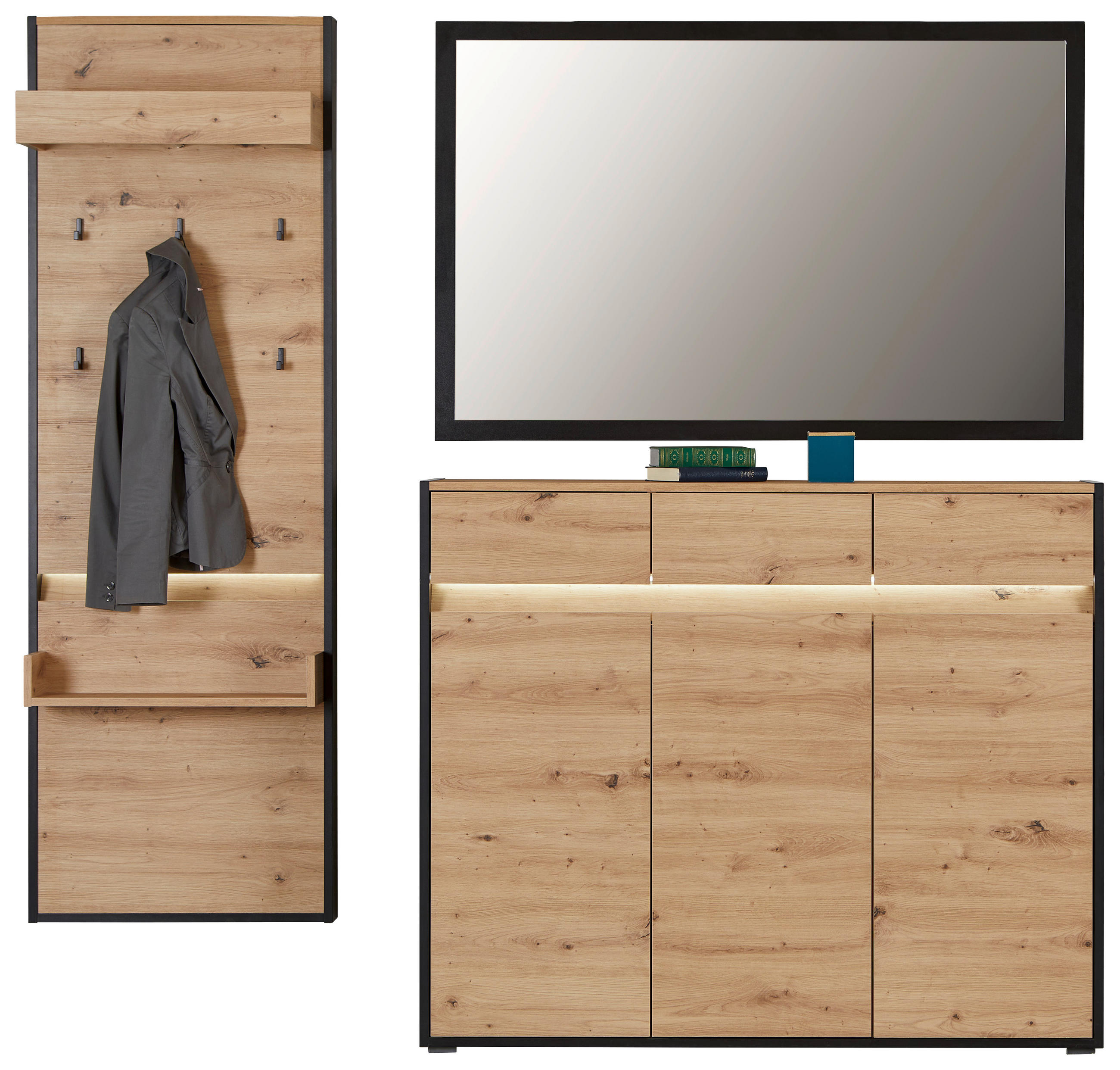Garderoben-Set Welcome Eiche Dekor/Schwarz 3 -Teilig.