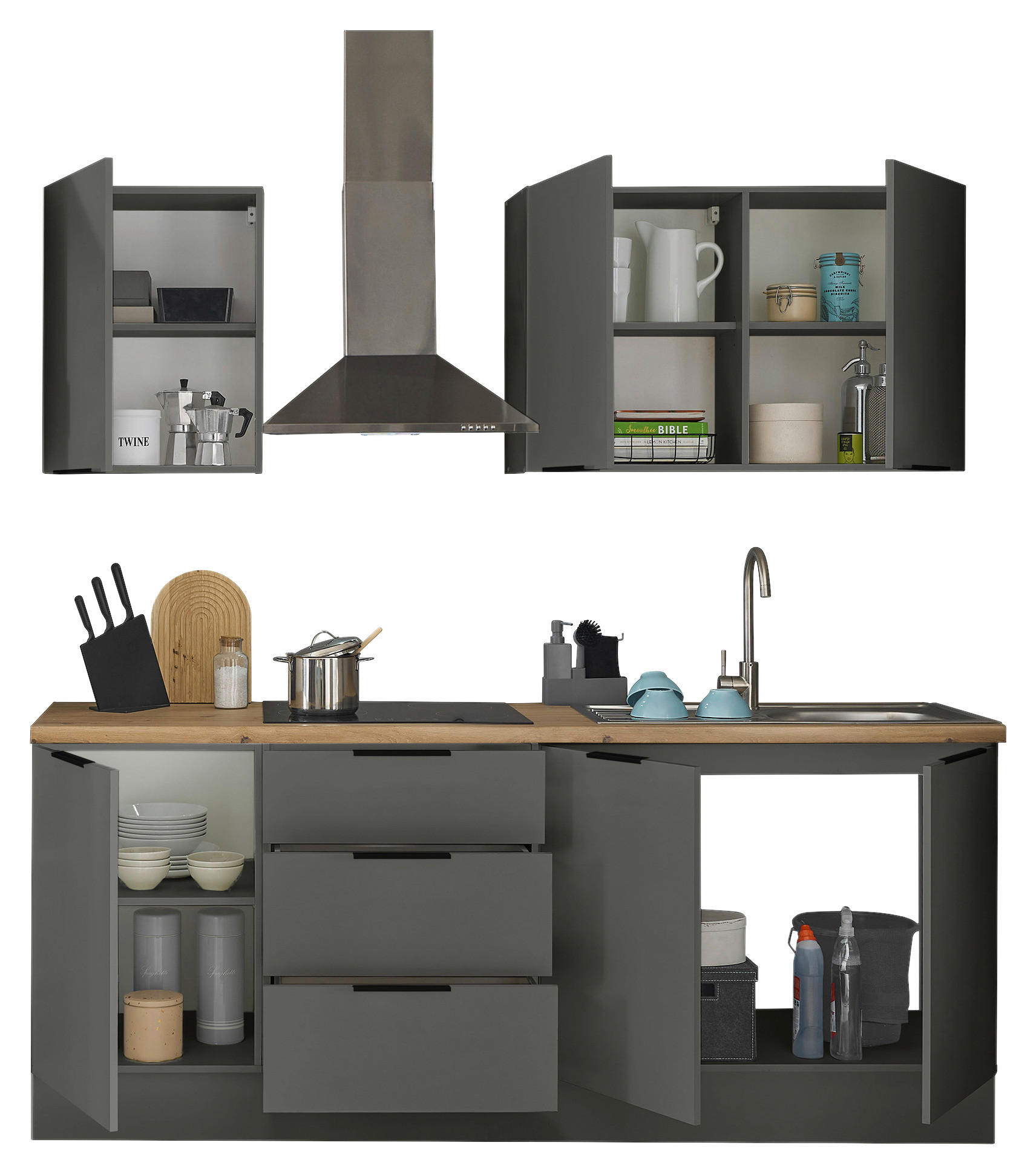 BUCĂTĂRIE FĂRĂ ELECTROCASNICE 210/211/60 cm  - stejar Artisan/grafit, Basics, metal/material pe bază de lemn (210/211/60cm) - Xora