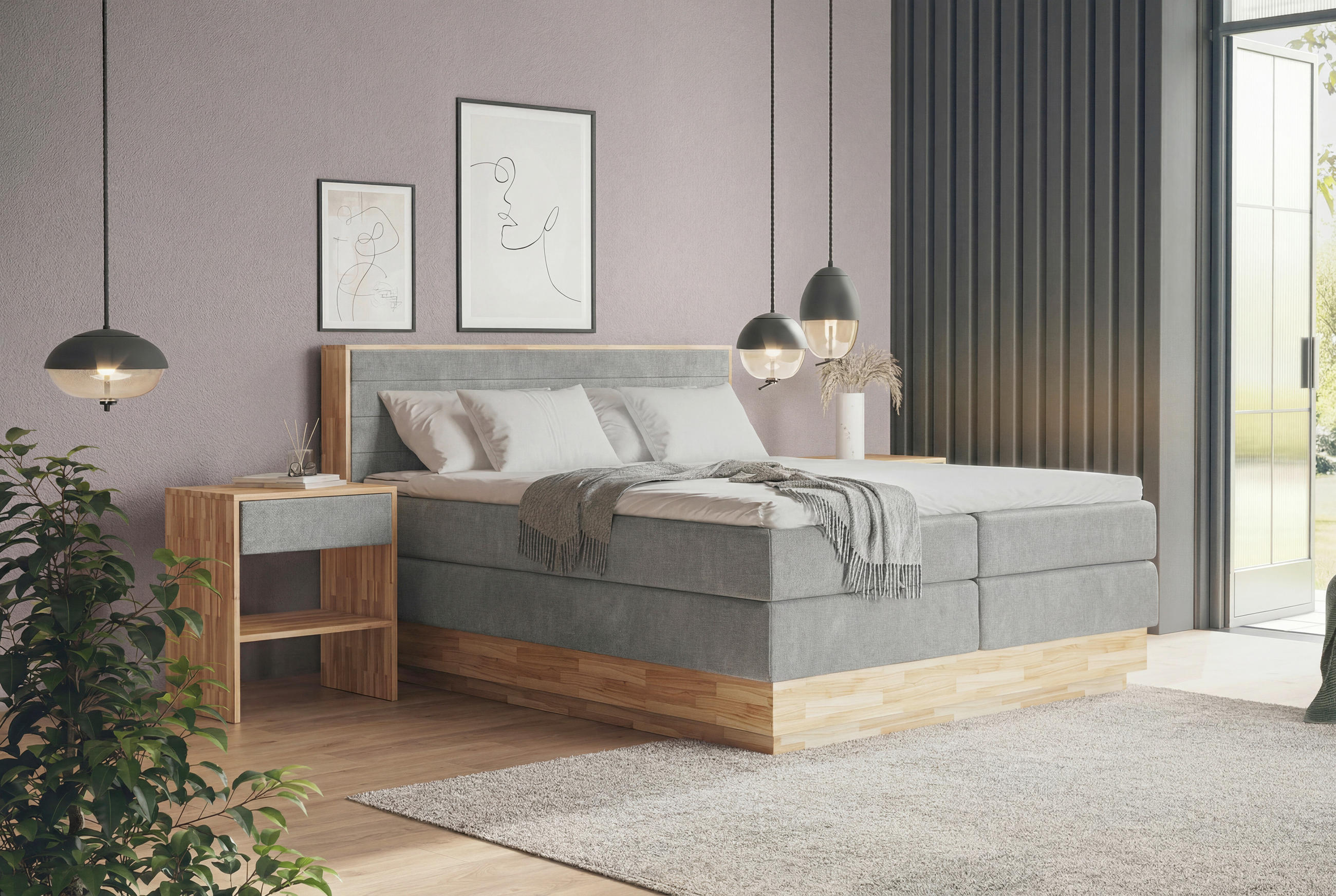 BOXSPRINGBETT 160/200 cm,  in Taupe, Eichefarben, Matratze, gepolstertes Kopfteil, Bettkasten, Topper, H2 + H2 = mittel  - Taupe/Eichefarben, MODERN, Holz/Kunststoff (160/200cm) - Livetastic