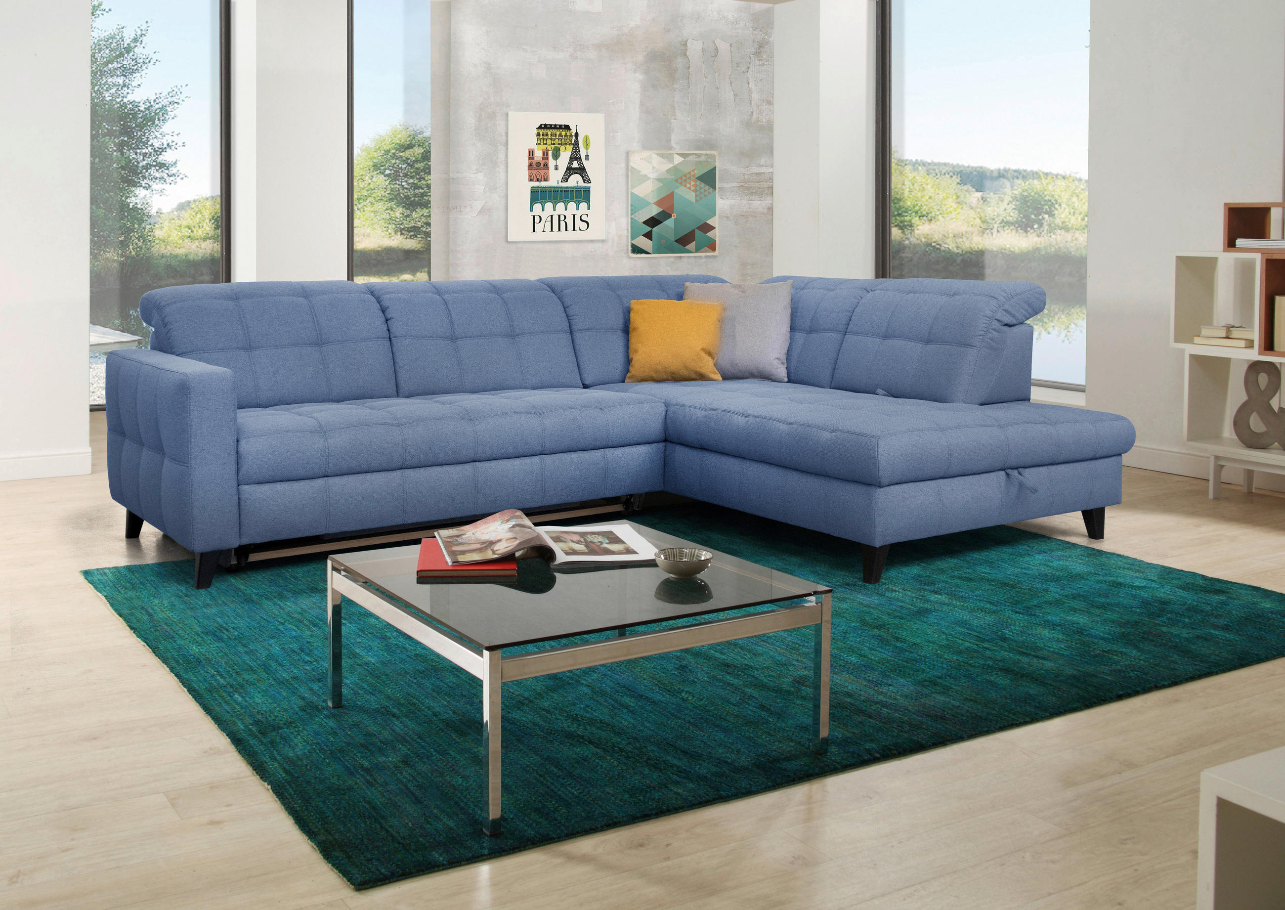 ECKSOFA in Webstoff Blau  - Blau/Schwarz, Design, Holz/Textil (297/216cm) - Xora