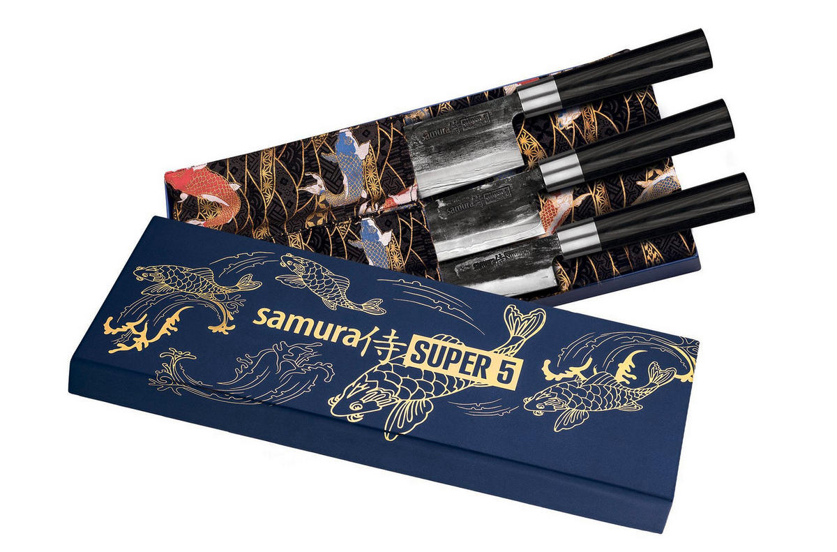 SET NOŽEV  SUPER 5 3-delni - srebrne barve/črna, Basics, kovina/leseni material - Samura