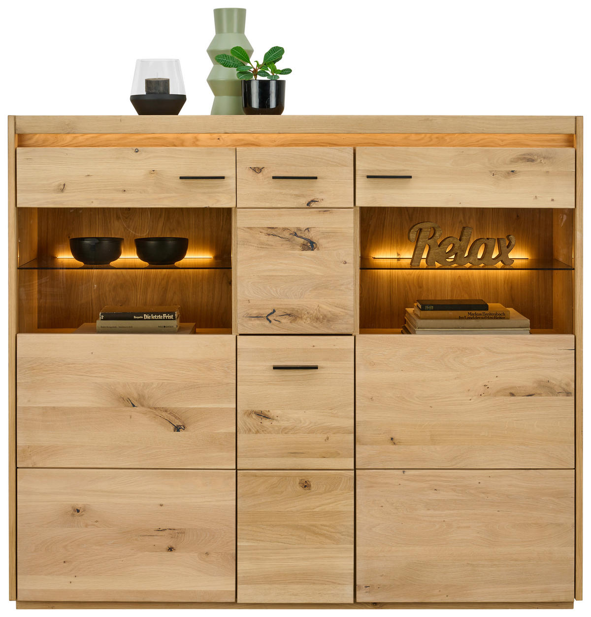 HIGHBOARD Eichefarben  153,8/133,5/37 cm  - Eichefarben/Schwarz, Natur, Glas/Holz (153,8/133,5/37cm) - Linea Natura