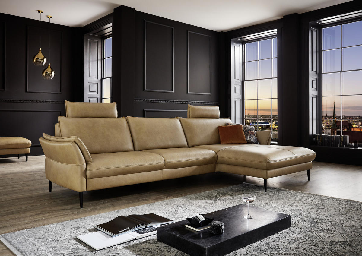 ECKSOFA in Echtleder Dunkelgelb  - Dunkelgelb/Schwarz, Design, Leder/Metall (334/172cm) - Valdera