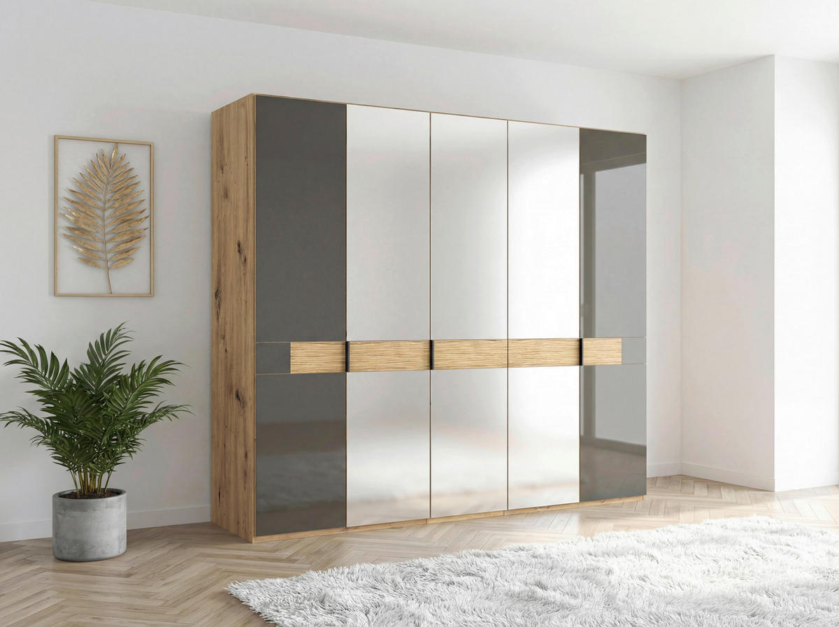DREHTÜRENSCHRANK 250/216/58 cm,  in Eichefarben, Dunkelbraun, 5 Tür(en)  - Schieferfarben/Eichefarben, Design, Glas/Holz (250/216/58cm) - Musterring