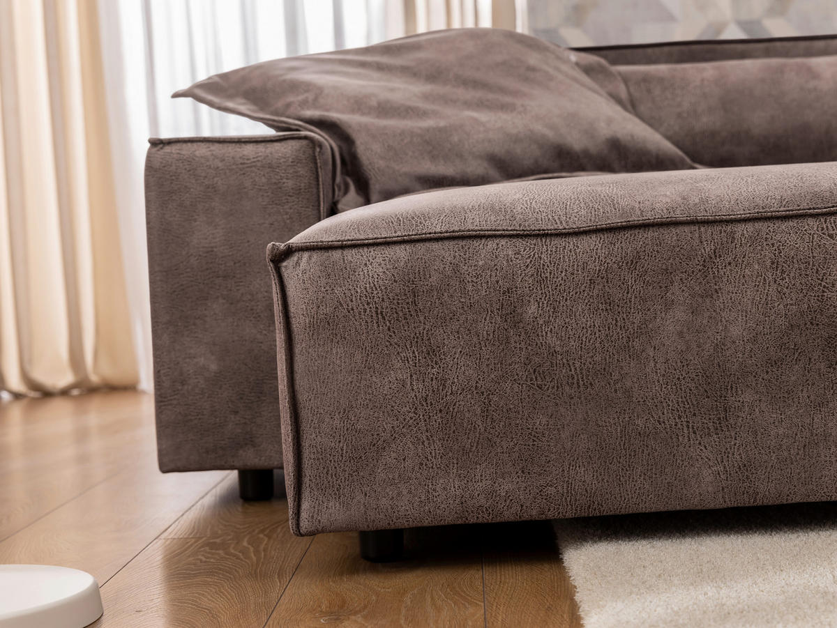 ECKSOFA Curduroy in Lederlook Graubraun Rückenkissen  251/142 cm  - Graubraun/Schwarz, Design, Kunststoff/Textil (251/142cm) - P & B