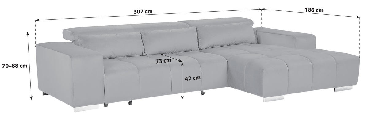 ECKSOFA Rot Velours Kopfteilverstellung  - Silberfarben/Rot, KONVENTIONELL, Textil/Metall (307/186cm) - Livetastic
