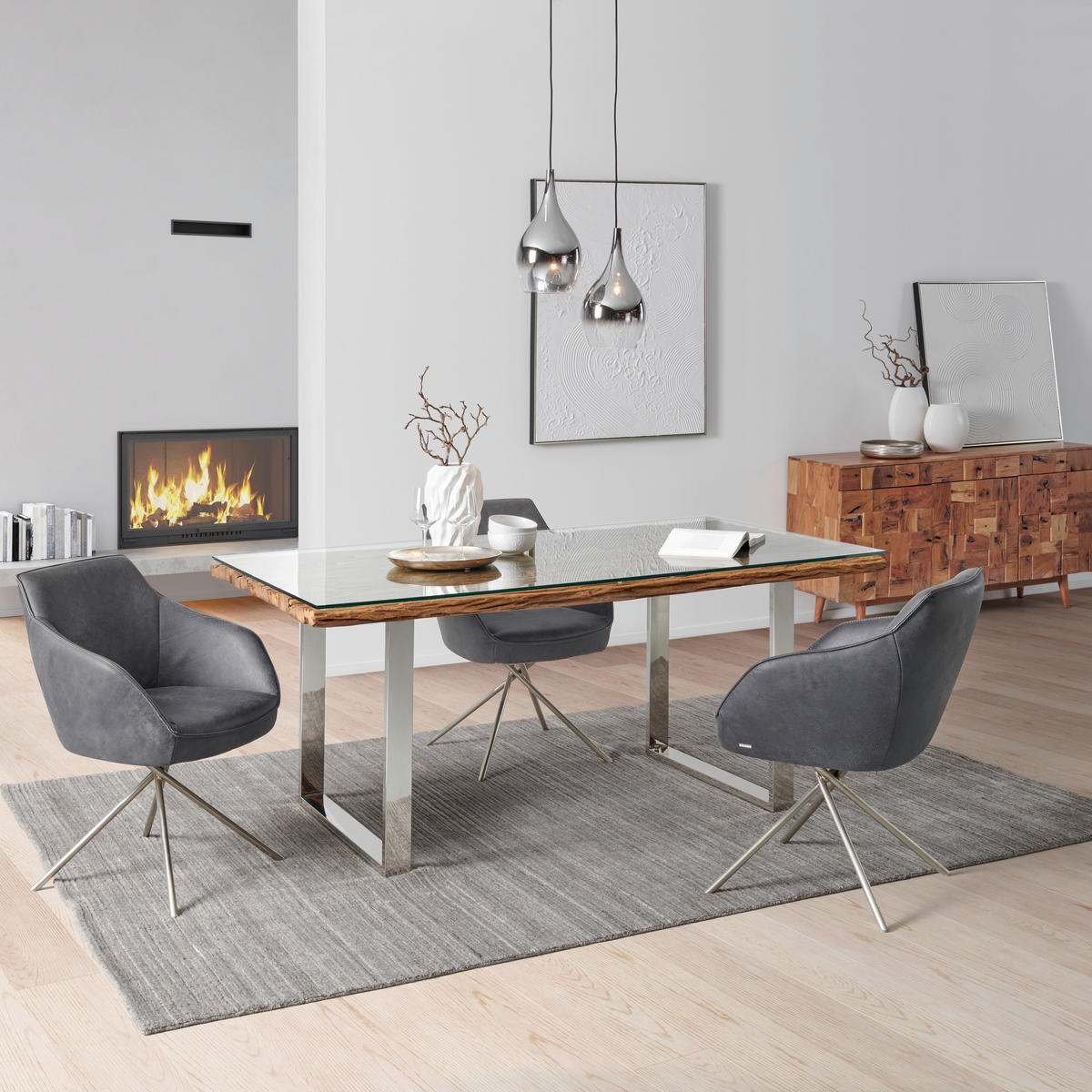 ESSTISCH in Holz, Metall, Glas  - Edelstahlfarben/Naturfarben, LIFESTYLE, Glas/Holz (180/76/100cm) - Livetastic