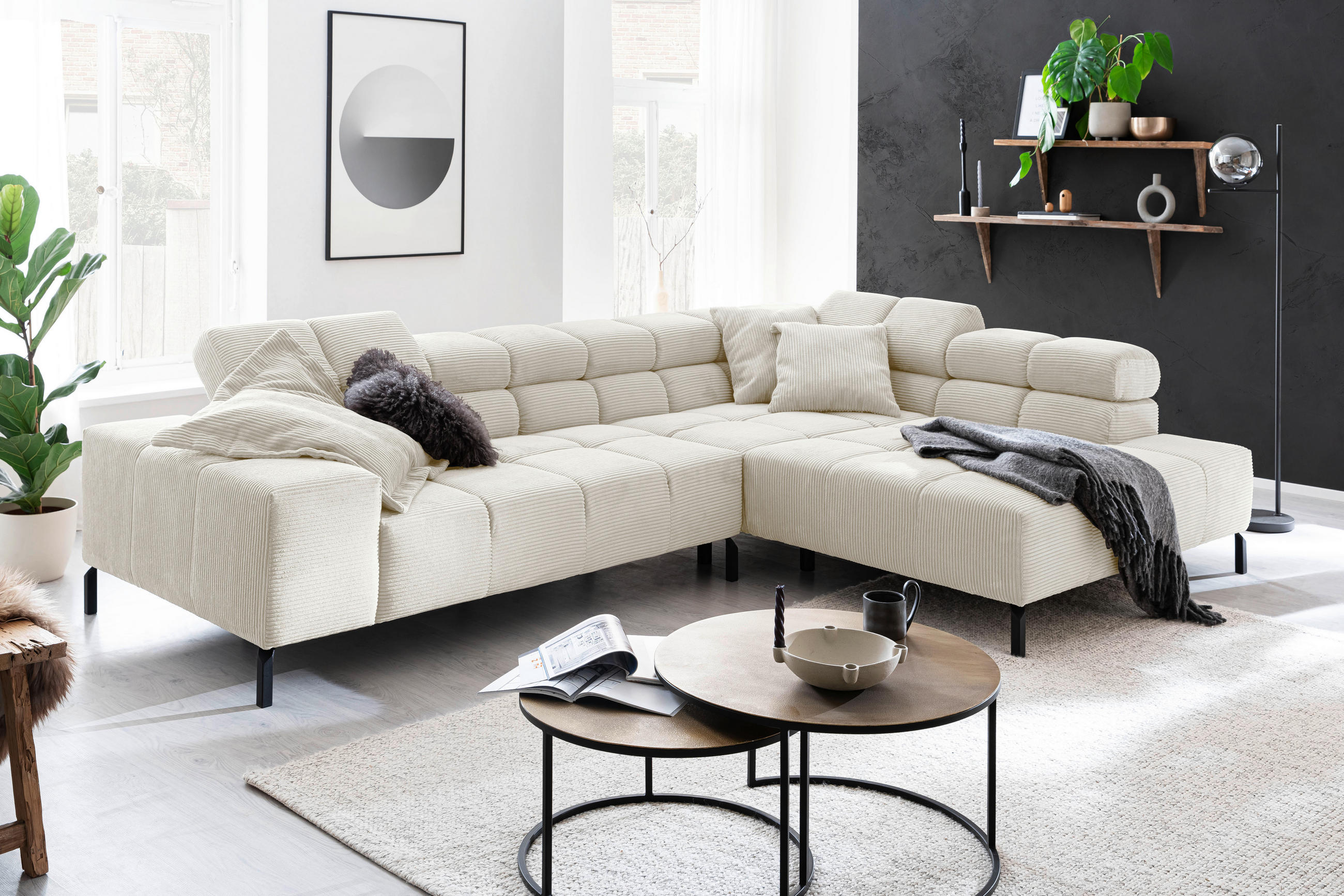 ECKSOFA in Cord Creme - Creme/Schwarz, Design, Textil/Metall (321/216cm) - Hom`in