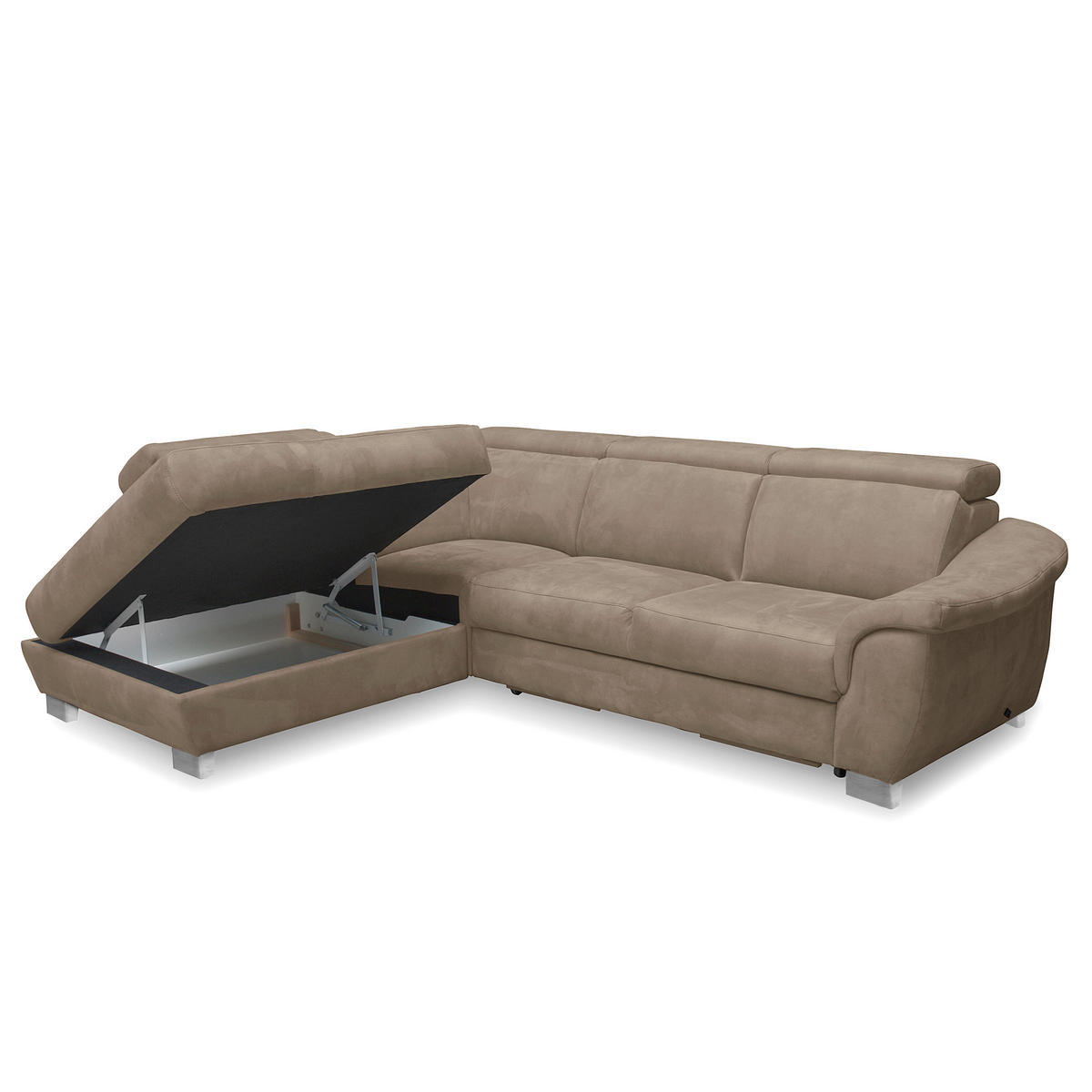 ECKSOFA Taupe Mikrofaser Rücken echt, Relaxfunktion, Kopfteilverstellung  - Taupe/Chromfarben, Design, Textil/Metall (238/276cm) - Livetastic