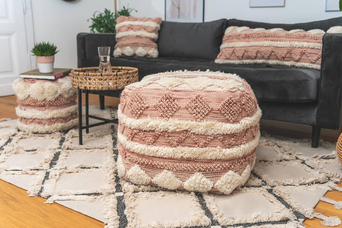 POUF Makramee 50/45/50 cm  - Creme/Rosa, Trend, Textil (50/45/50cm) - Kayoom