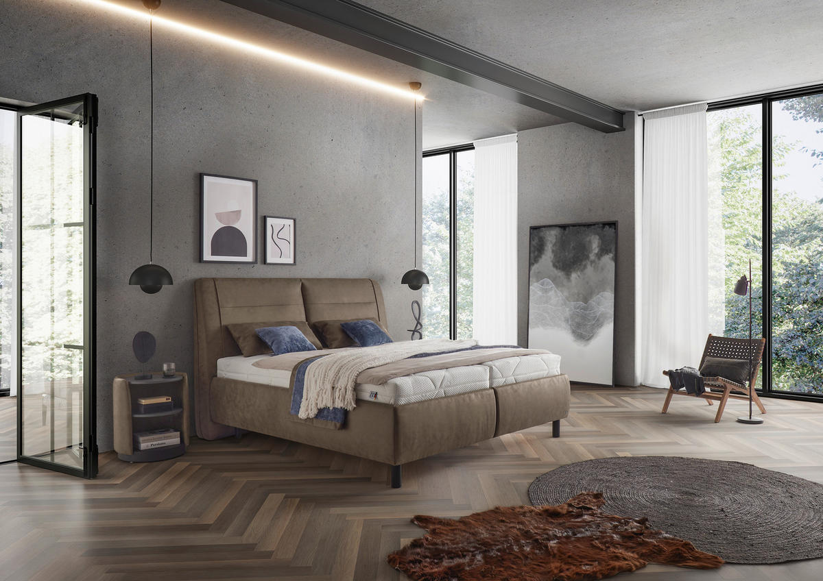 POLSTERBETT 180/200 cm,  in Graubraun, Matratze, gepolstertes Kopfteil, unterschiedliche Matratzenhärtegrade je Bettseite, H3 + H4 = fest + sehr fest  - Weiss/Graubraun, Konventionell, Holz/Holzwerkstoff (180/200cm) - Dieter Knoll