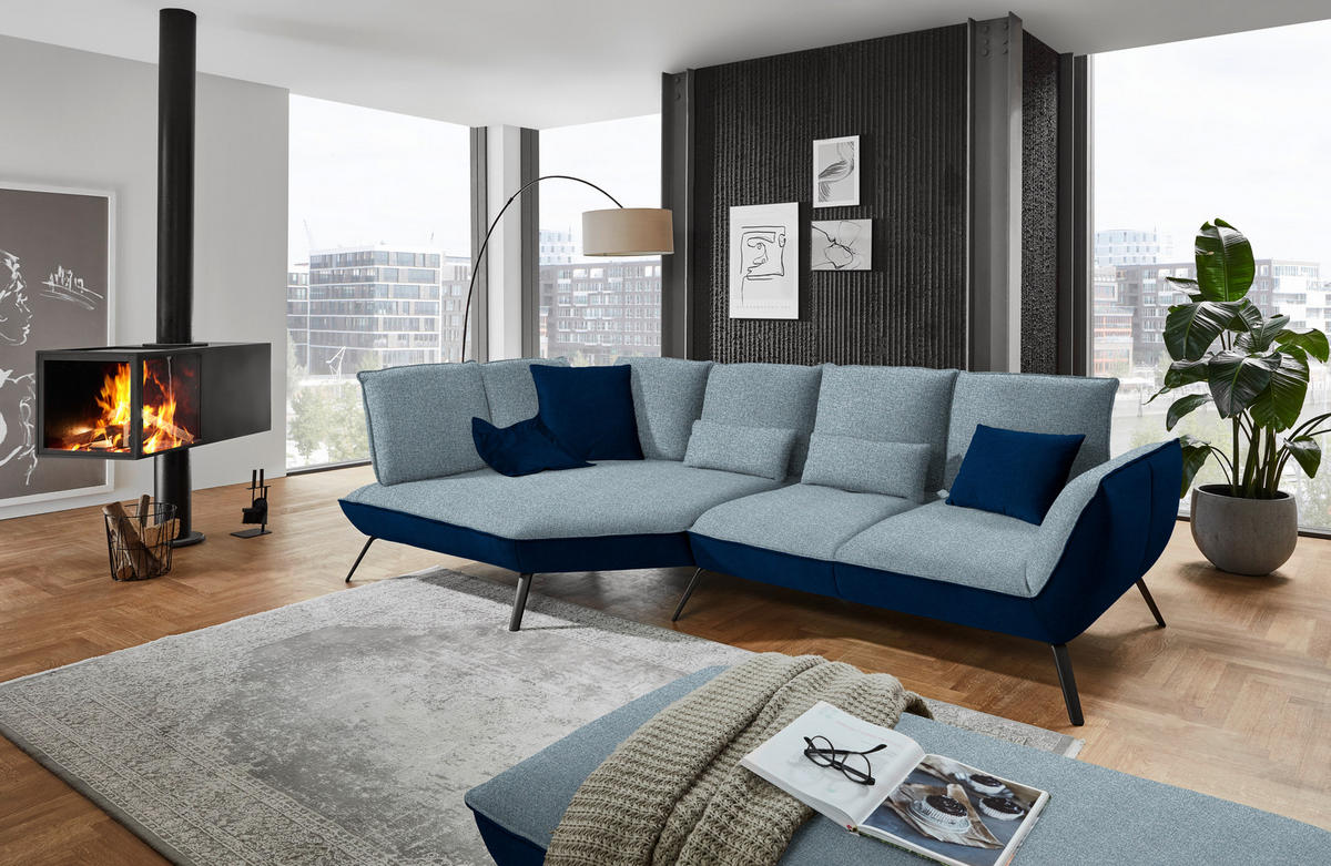 ECKSOFA Blau Flachgewebe  - Blau/Schwarz, Design, Textil/Metall (169/320cm) - Moderano