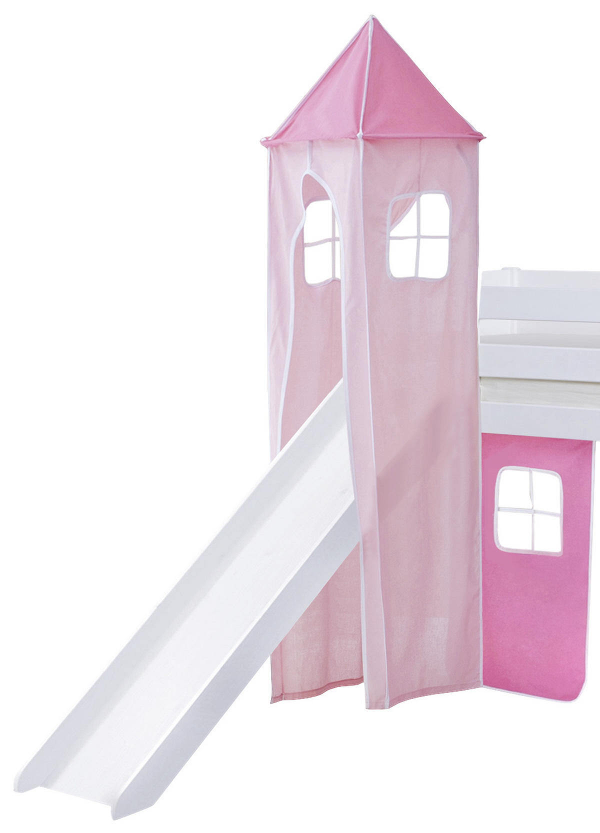 SPIELBETT Absturzsicherung, Leiter, Rutsche, Turm, Vorhang 90/200 cm  in Rosa, Weiß, Hellrosa  - Hellrosa/Rosa, Natur, Holz (90/200cm) - MID.YOU