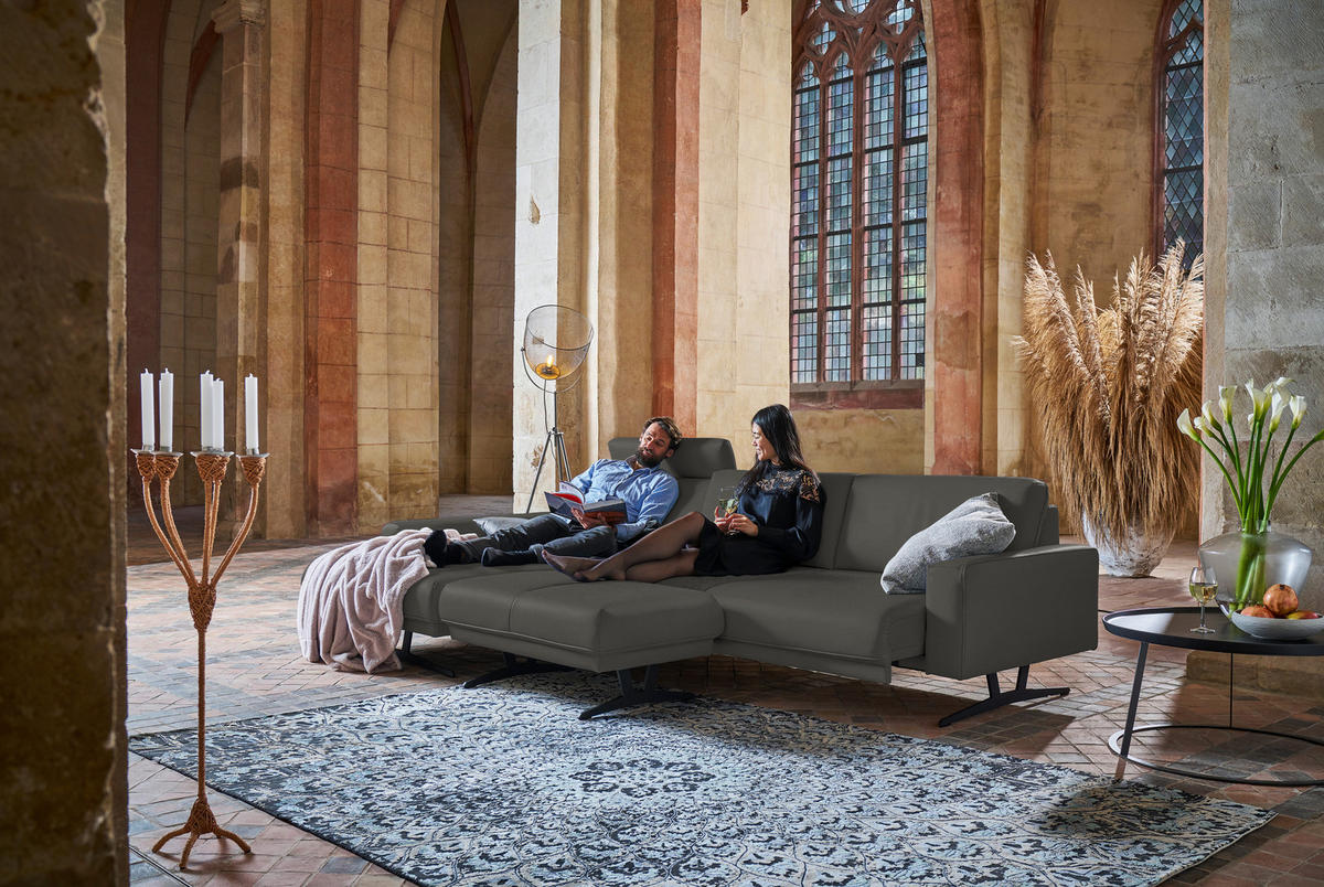 ECKSOFA in Echtleder Grau  179/324 cm  - Anthrazit/Grau, KONVENTIONELL, Leder/Metall (179/324cm) - Johann Jakob