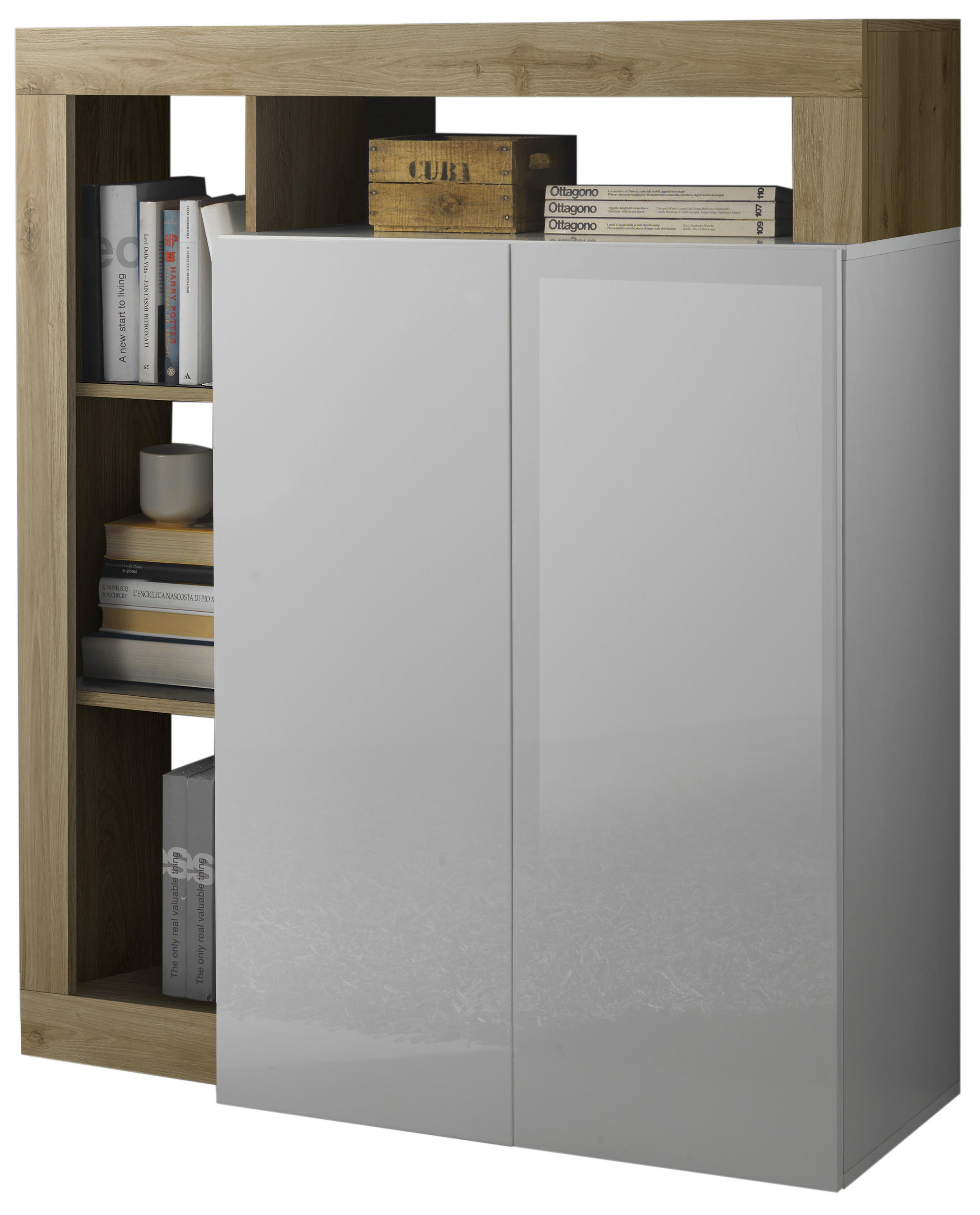 KOMODA, barve hrasta, bela, visoki sijaj  - črna/barve hrasta, Basics, umetna masa/leseni material (108/127/42cm) - Livetastic