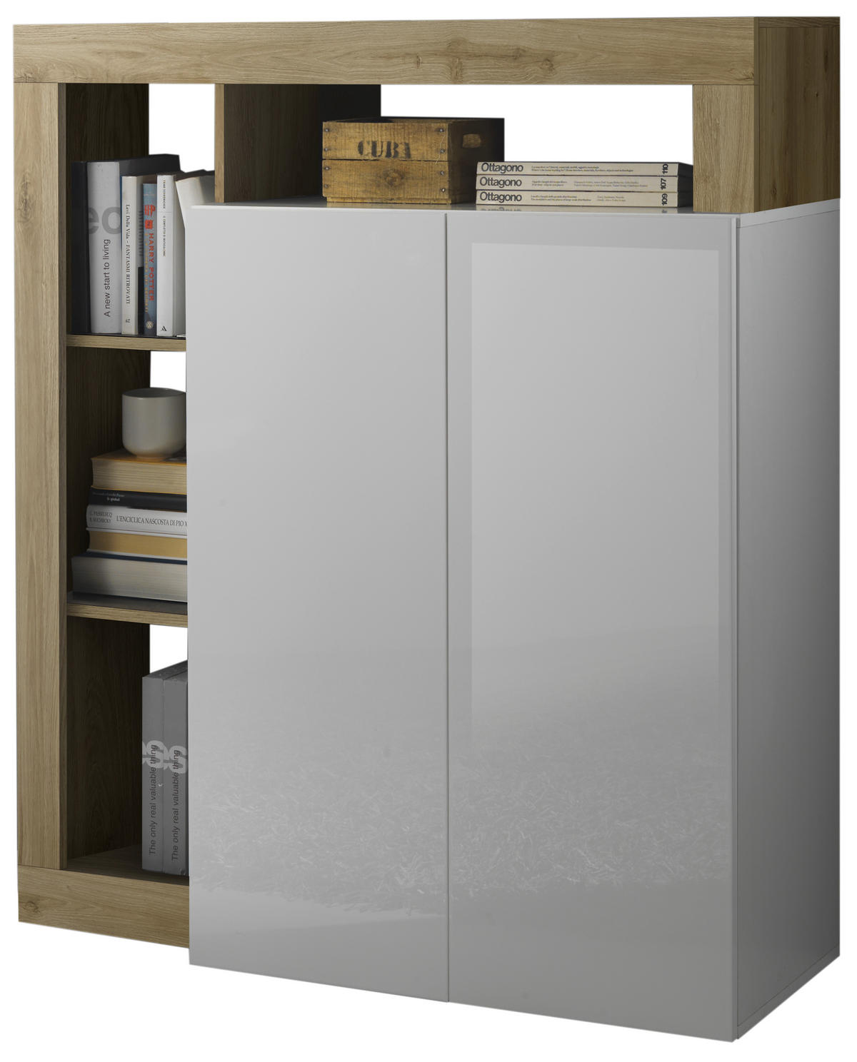 KOMODA, barve hrasta, bela, visoki sijaj  - črna/barve hrasta, Basics, umetna masa/leseni material (108/127/42cm) - Livetastic