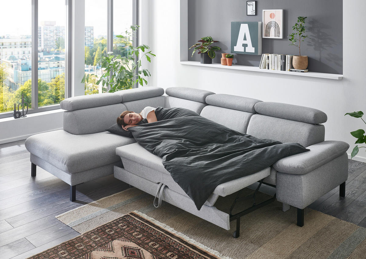 ECKSOFA in Flachgewebe Hellgrau  - Hellgrau/Schwarz, Design, Holzwerkstoff/Textil (217/272cm) - Pure Home Comfort