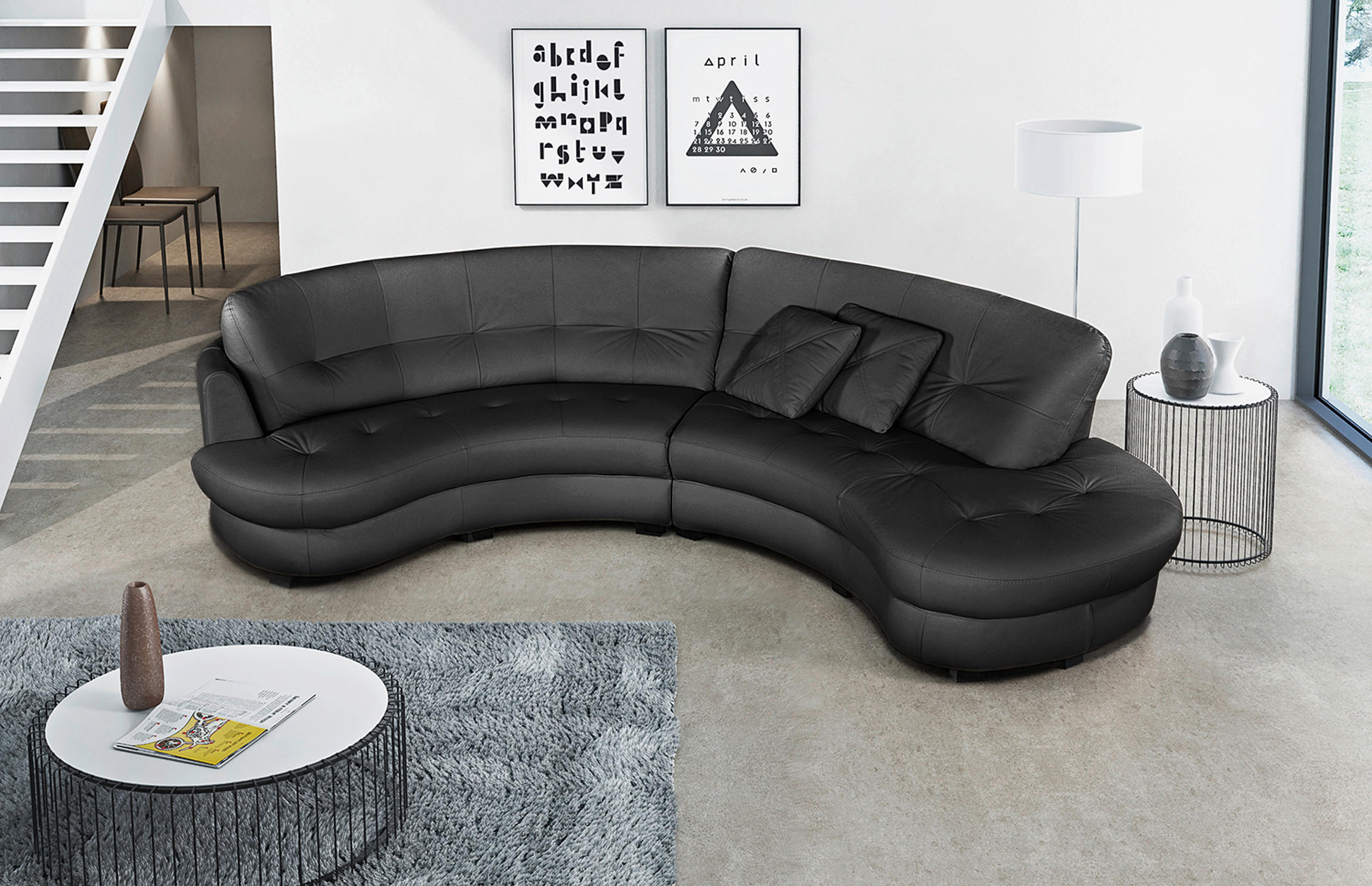 ECKSOFA Schwarz Echtleder Lederlook  - Schwarz, Design, Leder/Kunststoff (300/113cm) - Livetastic