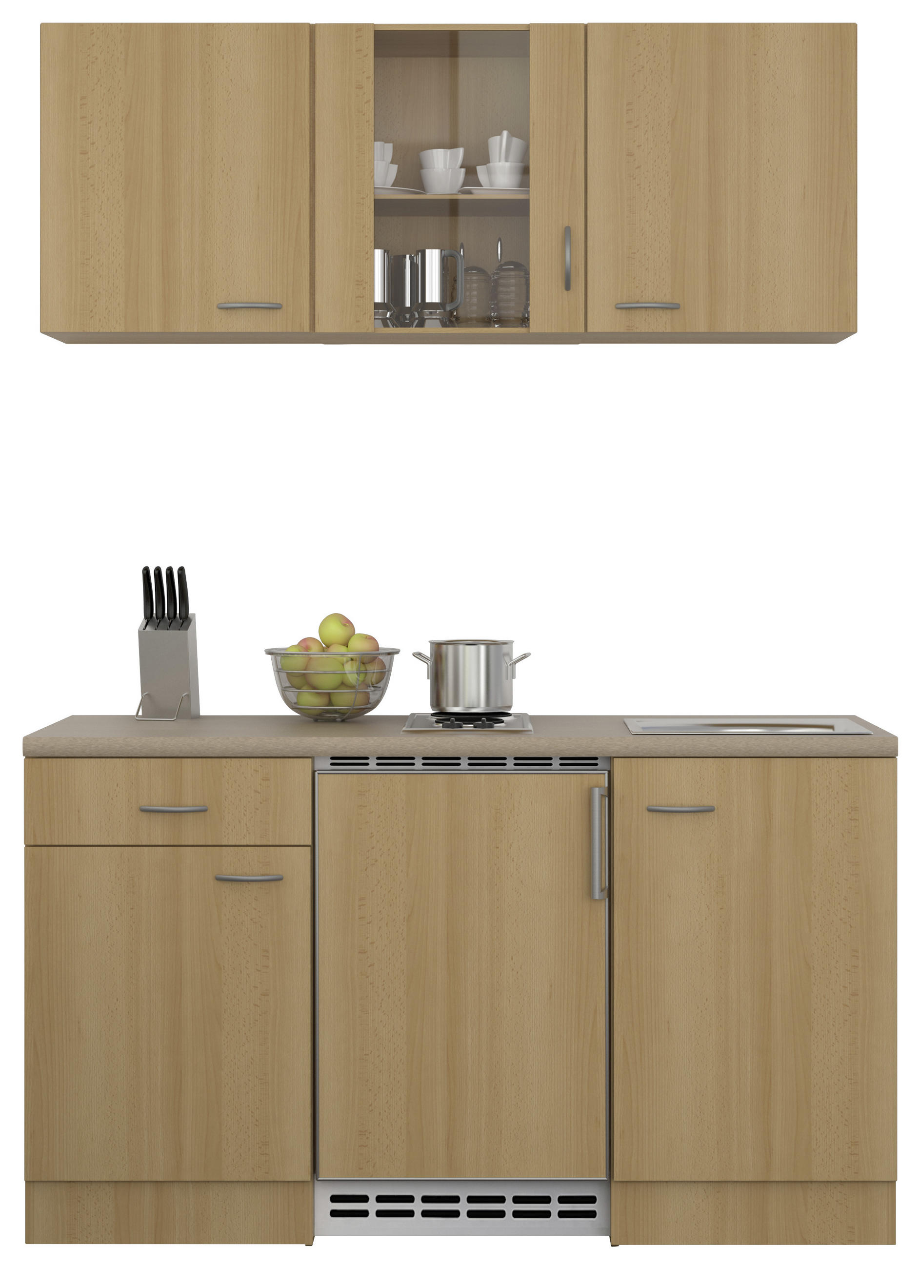 MINIKÜCHE 150 cm in Creme, Buchefarben, Edelstahlfarben - Edelstahlfarben/Buchefarben, MODERN, Glas (150cm) - MID.YOU