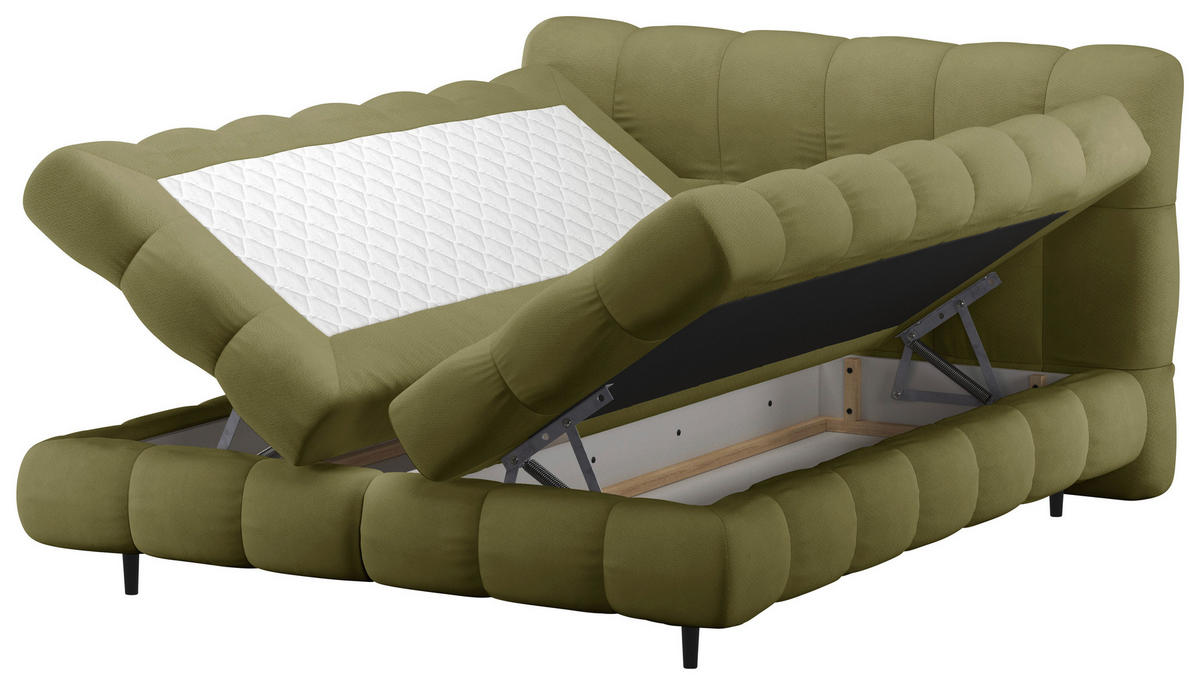 BOXBETT 200/200 cm,  in Olivgrün, gepolstertes Kopfteil, Bettkasten, Topper, H3 + H3 = fest  - Schwarz/Olivgrün, Design, Textil/Metall (200/200cm) - Ti'me