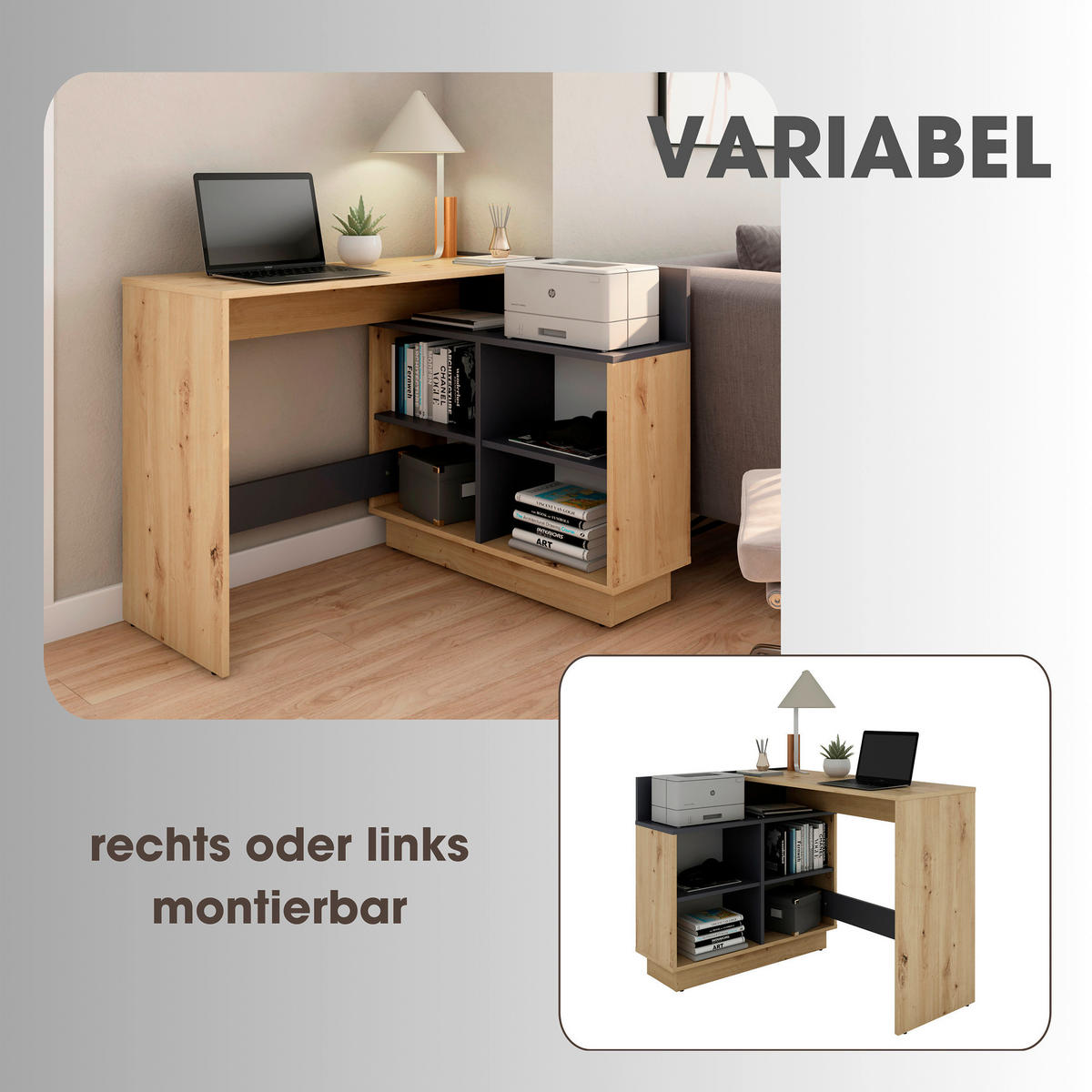 ECKSCHREIBTISCH 112/80/77,5 cm  in Graphitfarben, Eiche Artisan  - Graphitfarben/Eiche Artisan, MODERN, Holzwerkstoff (112/80/77,5cm) - MID.YOU