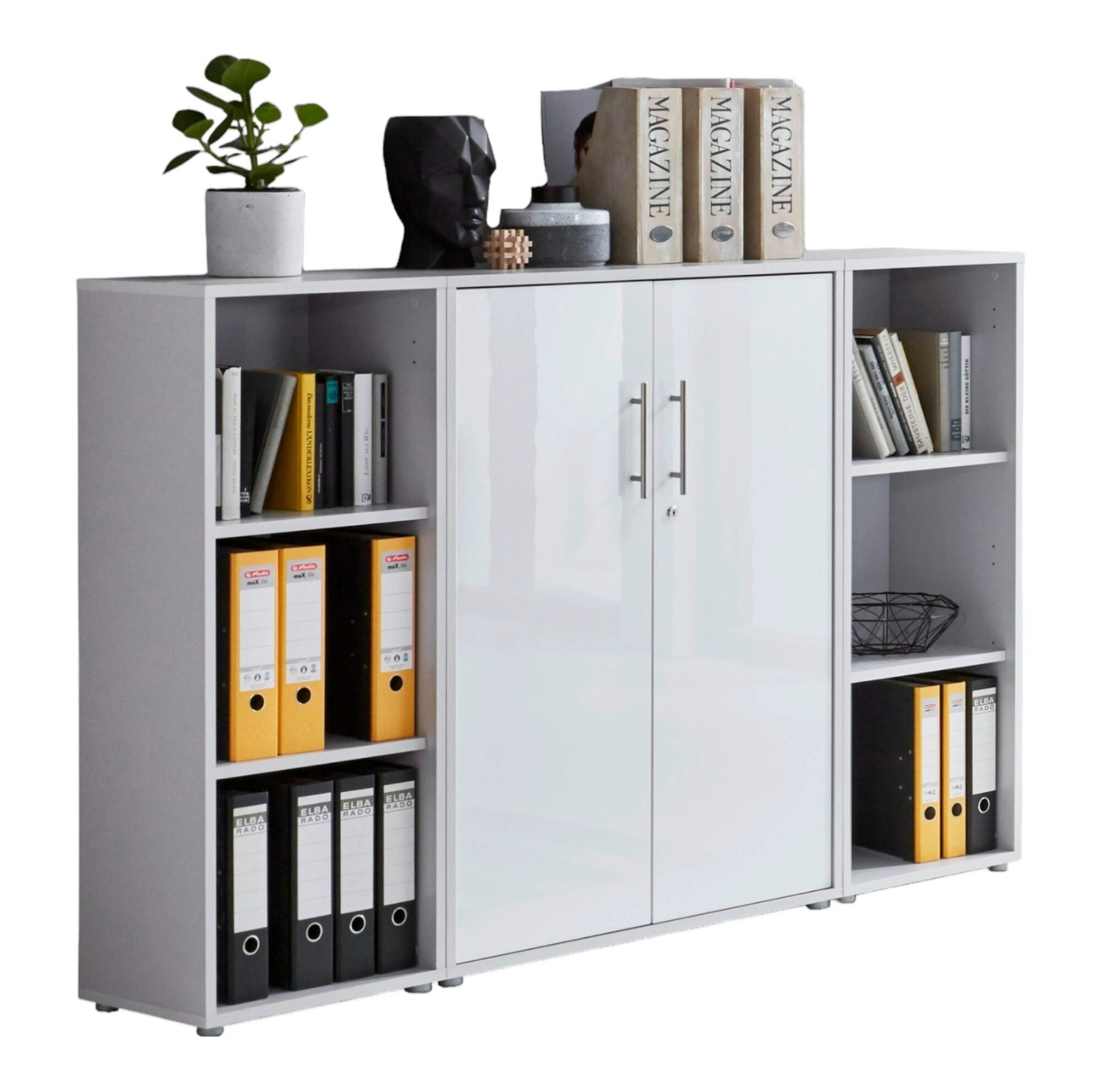 Mid.you Aktenschrank Office Edition - SW Set 2 niedrig Grau, Weiß Hochglanz 173x114x33 cm