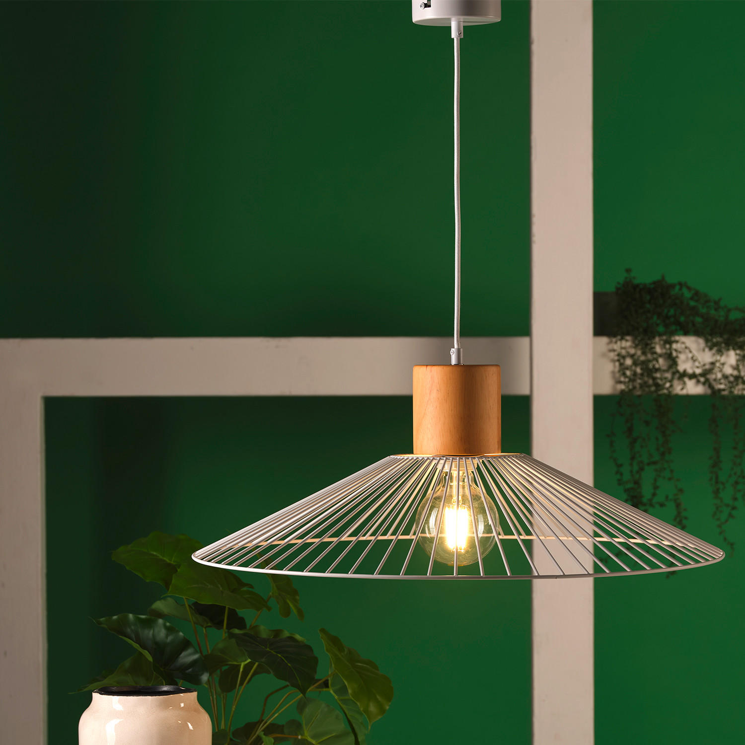 STROPNÍ ZÁVĚSNÉ SVÍTIDLO, 60/60/160 cm  - světle hnědá/vysoce lesklá bílá, Basics, kov/dřevo (60/60/160cm)