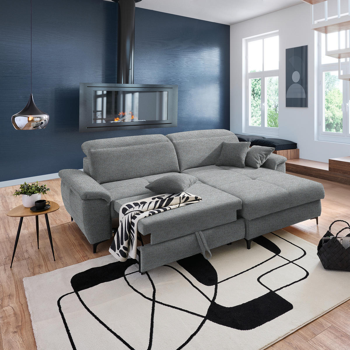 ECKSOFA Blaugrau Chenille  - Blaugrau/Schwarz, Design, Textil/Metall (185/256cm) - Stylife