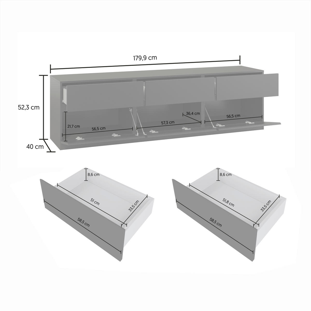 LOWBOARD Bern 179,9/52,3/40 cm 3 Schublade(n) stehend  - Schwarz, Design, Holzwerkstoff (179,9/52,3/40cm) - MID.YOU